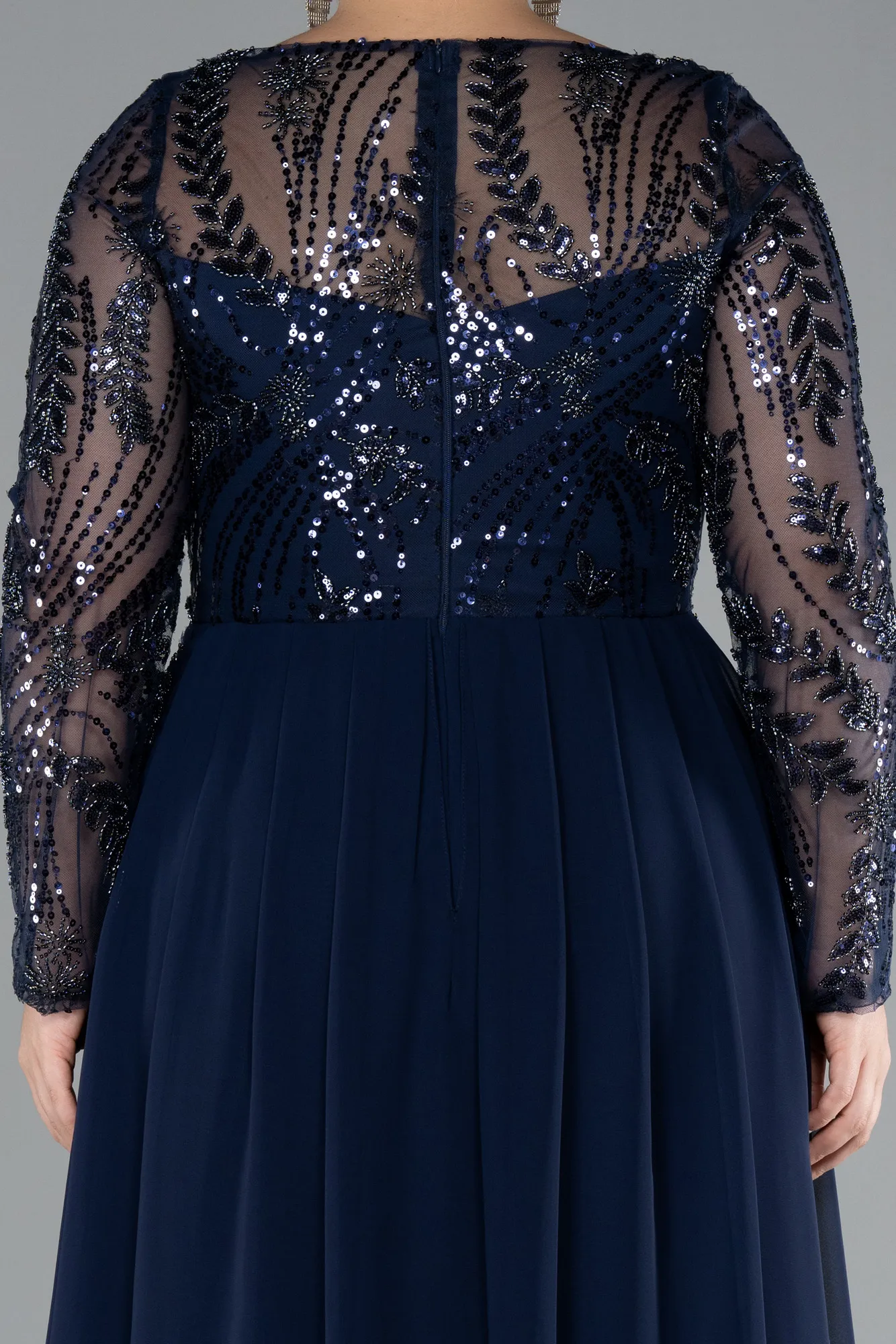 Navy Blue-Embroidered Long Sleeve Chiffon Plus Size Evening Gown ABU4312