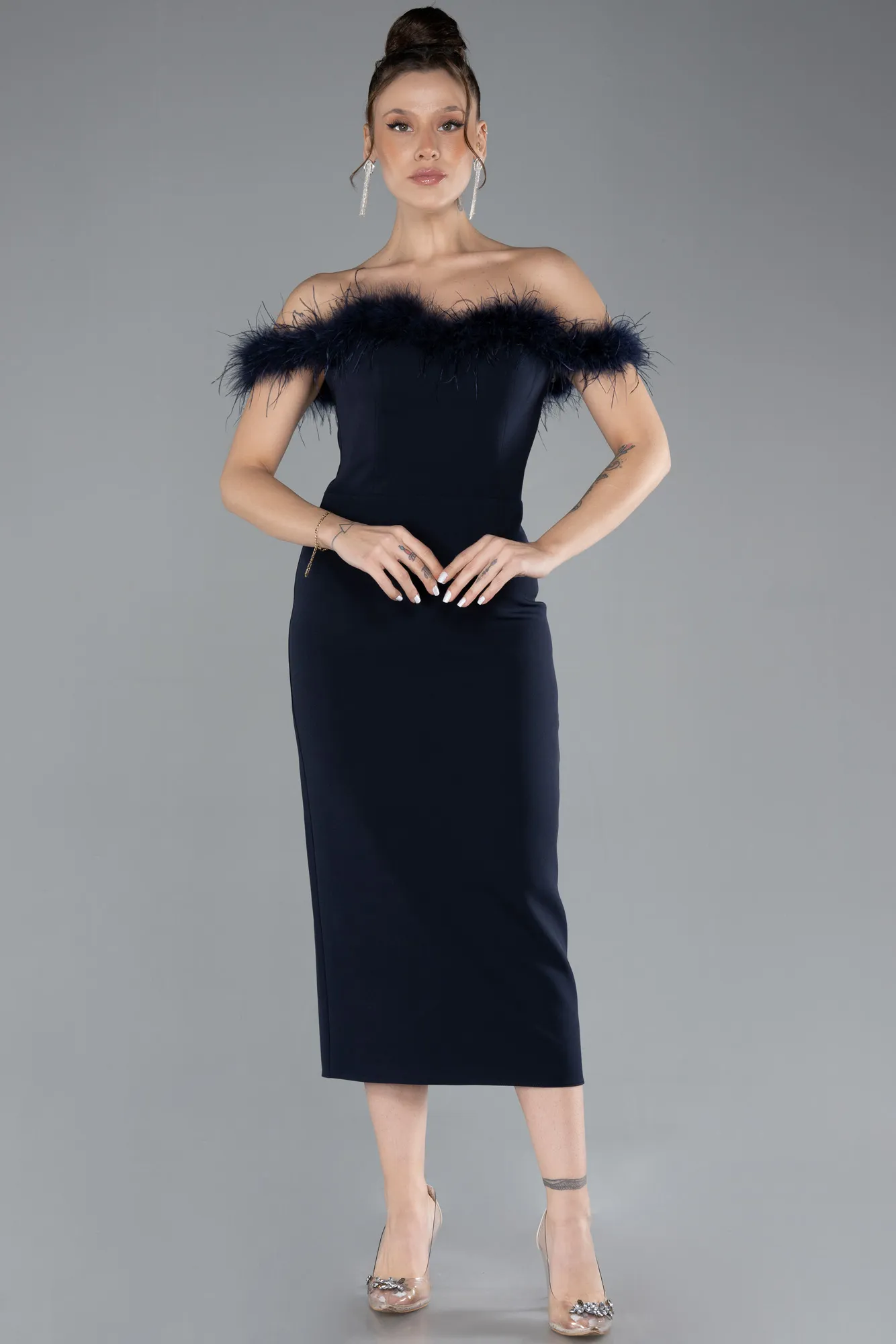 Navy Blue-Feathered Boat Neck Midi Cocktail Dress ABU4473