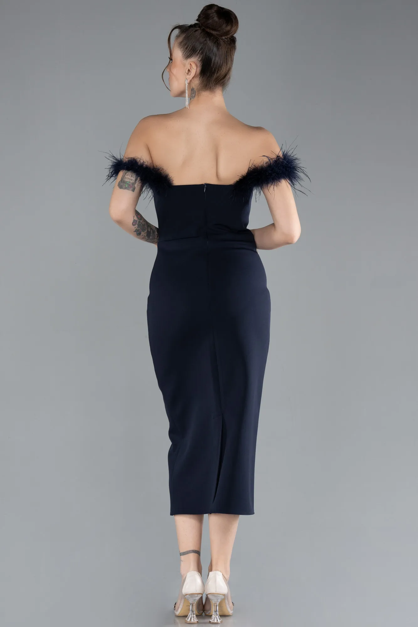 Navy Blue-Feathered Boat Neck Midi Cocktail Dress ABU4473