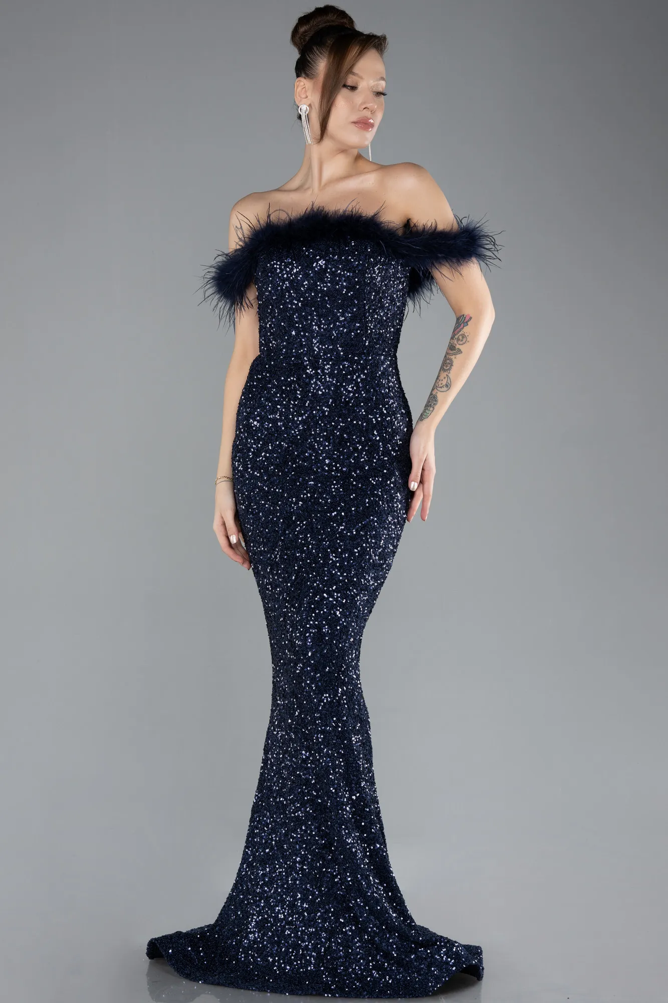 Navy Blue-Feathered Boat Neck Sequined Long Mermaid Prom Dress ABU4513