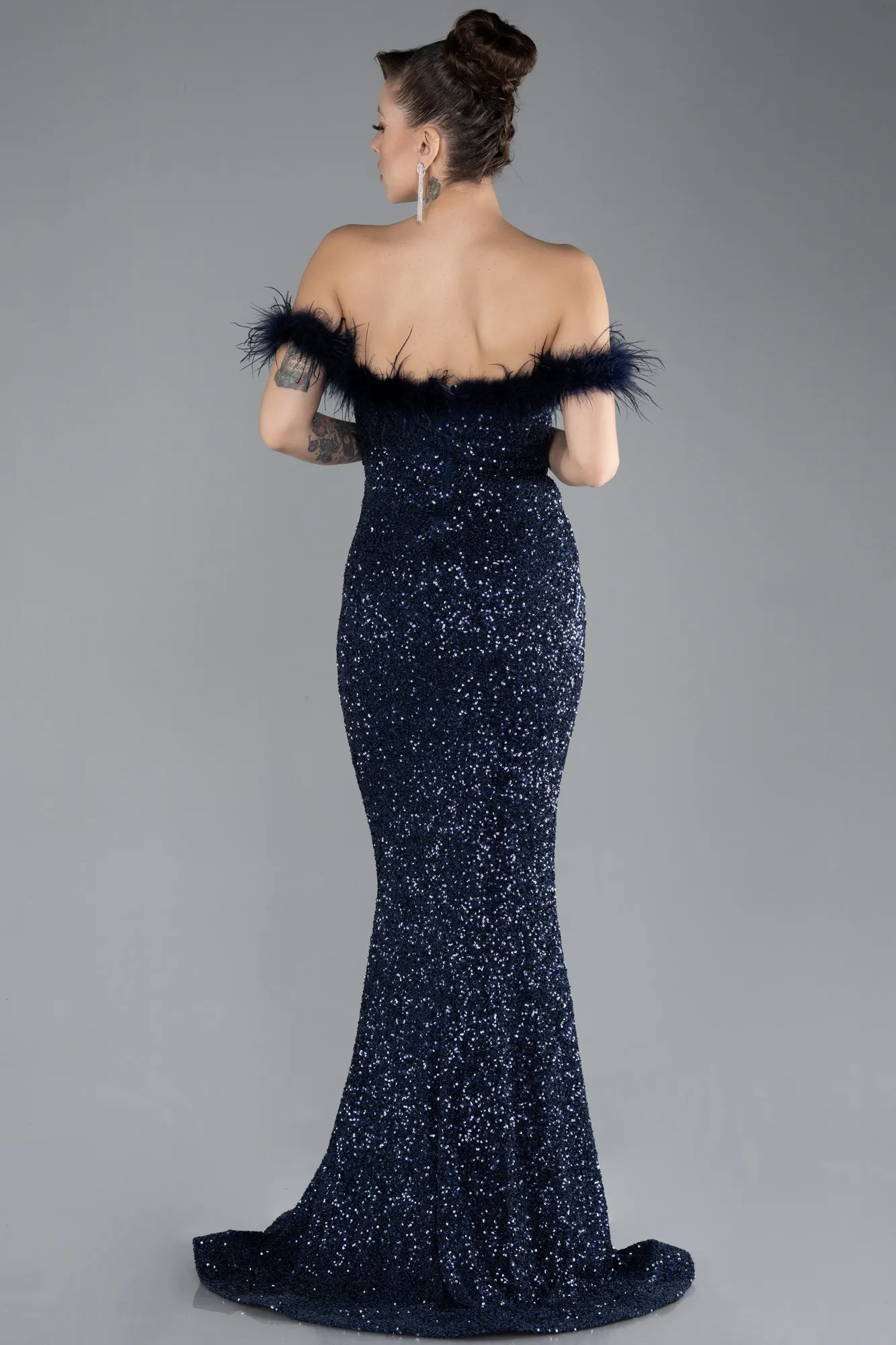 Navy Blue-Feathered Boat Neck Sequined Long Mermaid Prom Dress ABU4513