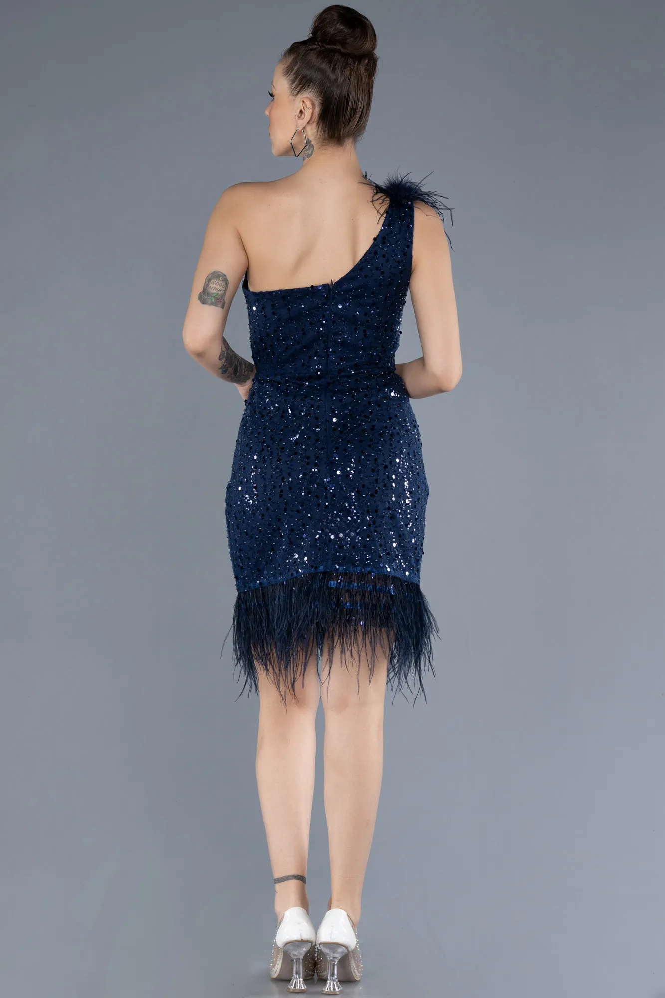 Navy Blue-Feathered One Shoulder Short Scaly Evening Dress ABU4580