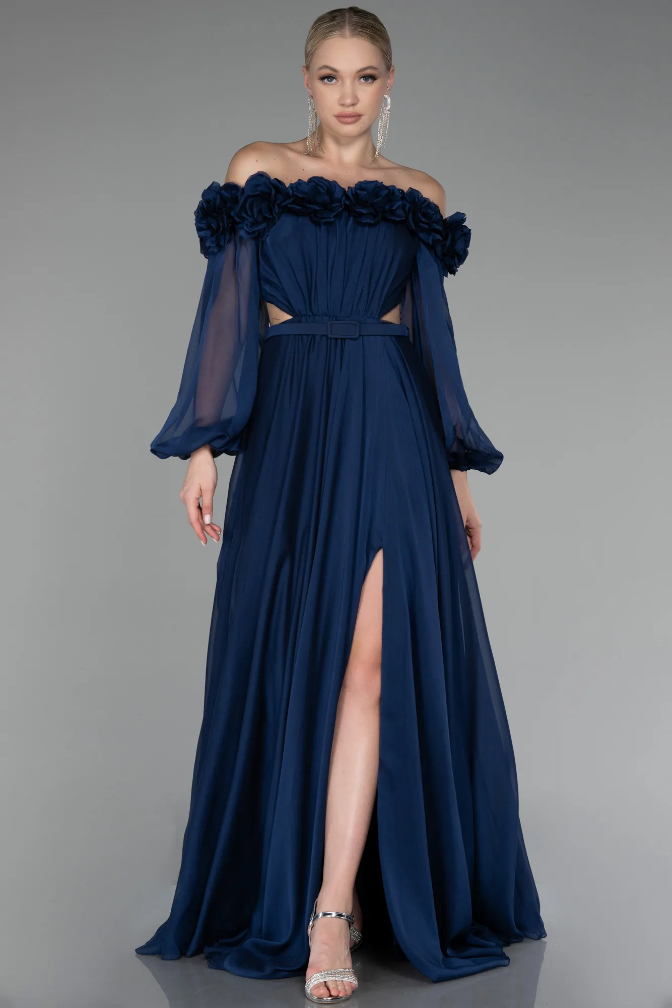 Navy Blue-Floral Boat Neck Long Sleeve Chiffon Prom Gown ABU4130