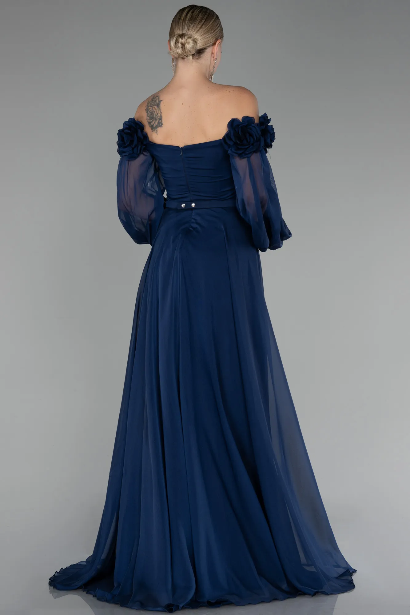 Navy Blue-Floral Boat Neck Long Sleeve Chiffon Prom Gown ABU4130