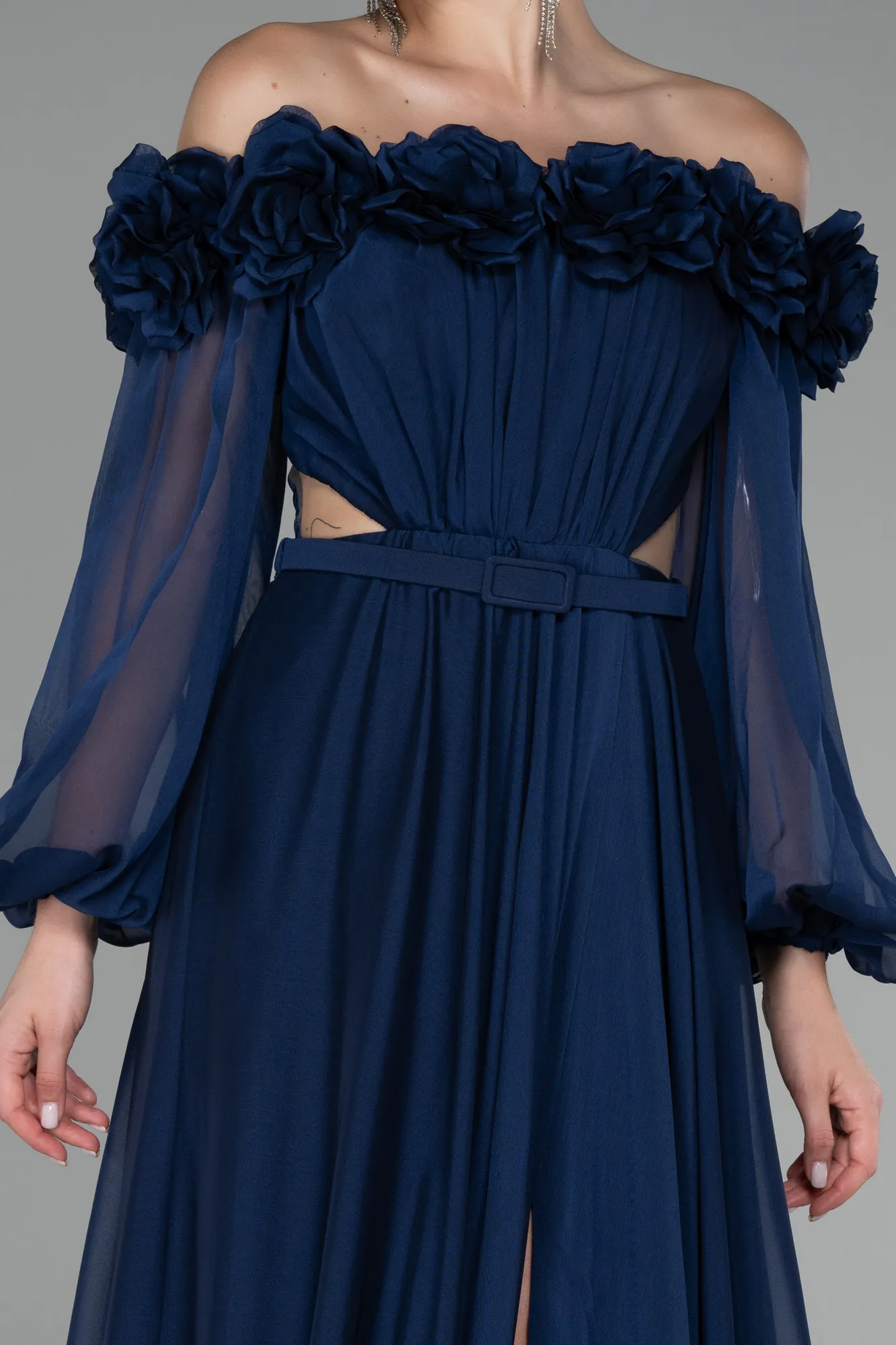 Navy Blue-Floral Boat Neck Long Sleeve Chiffon Prom Gown ABU4130