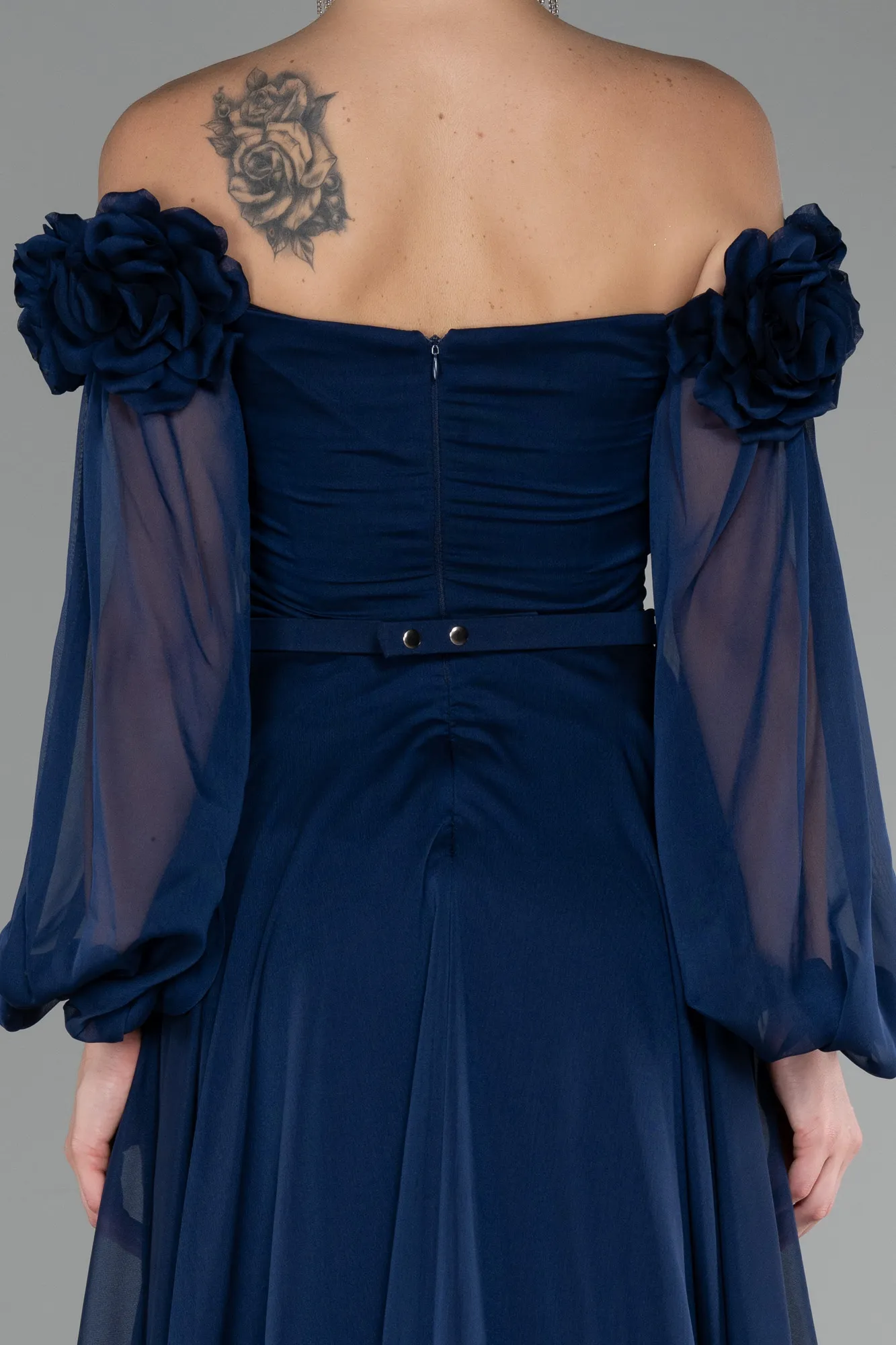 Navy Blue-Floral Boat Neck Long Sleeve Chiffon Prom Gown ABU4130