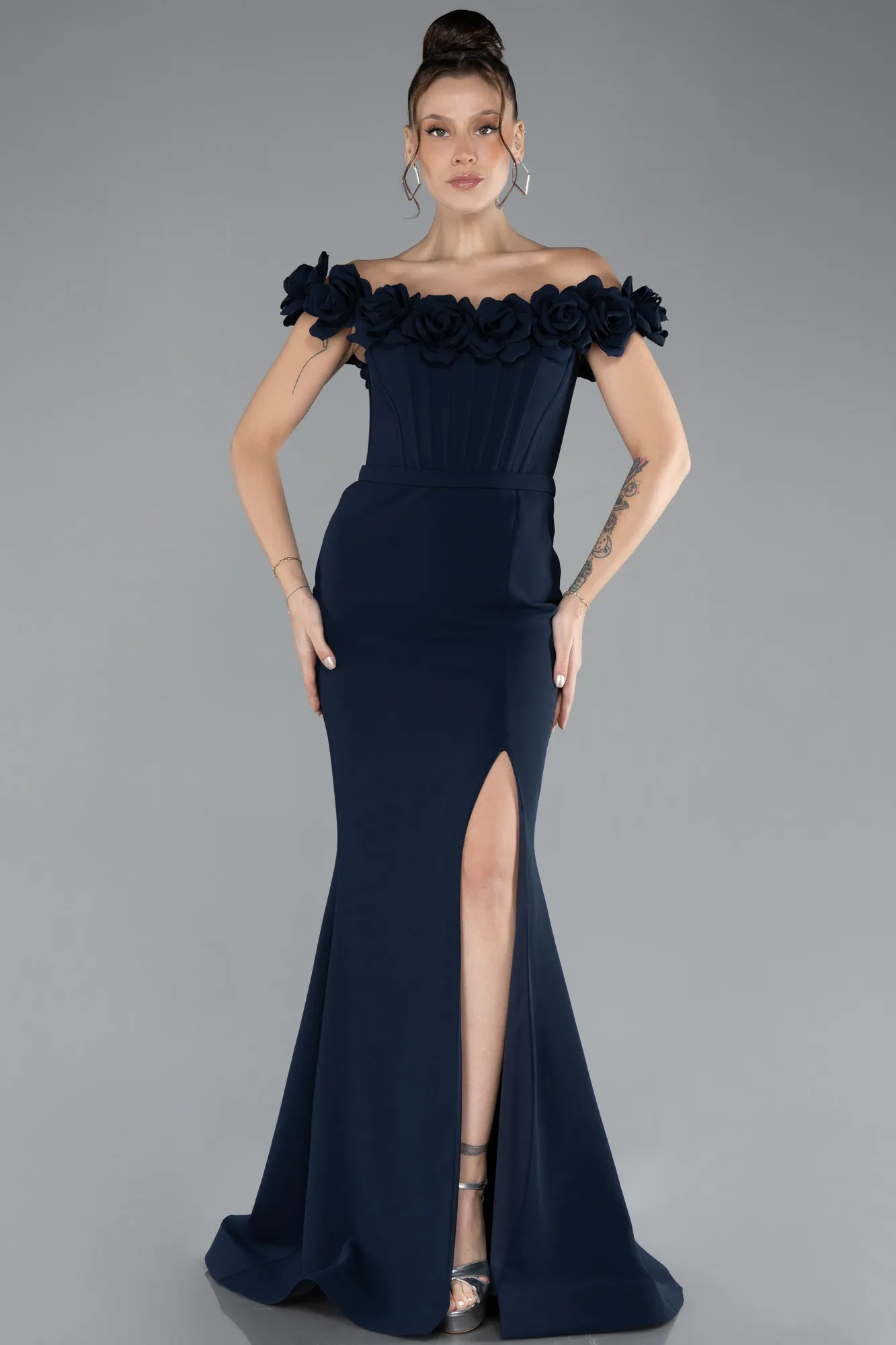 Navy Blue-Floral Boat Neck Slit Long Evening Gown ABU4387