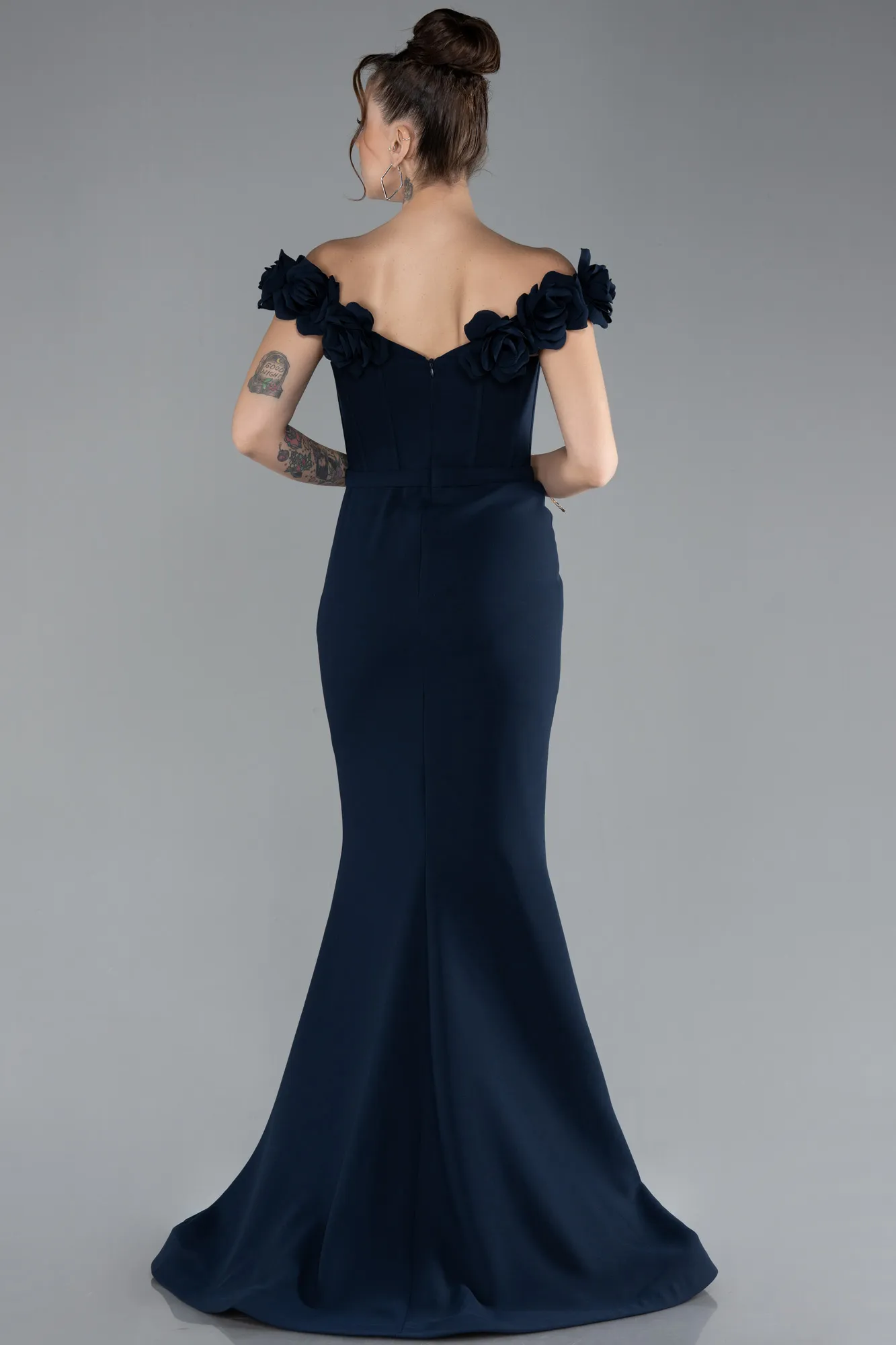 Navy Blue-Floral Boat Neck Slit Long Evening Gown ABU4387