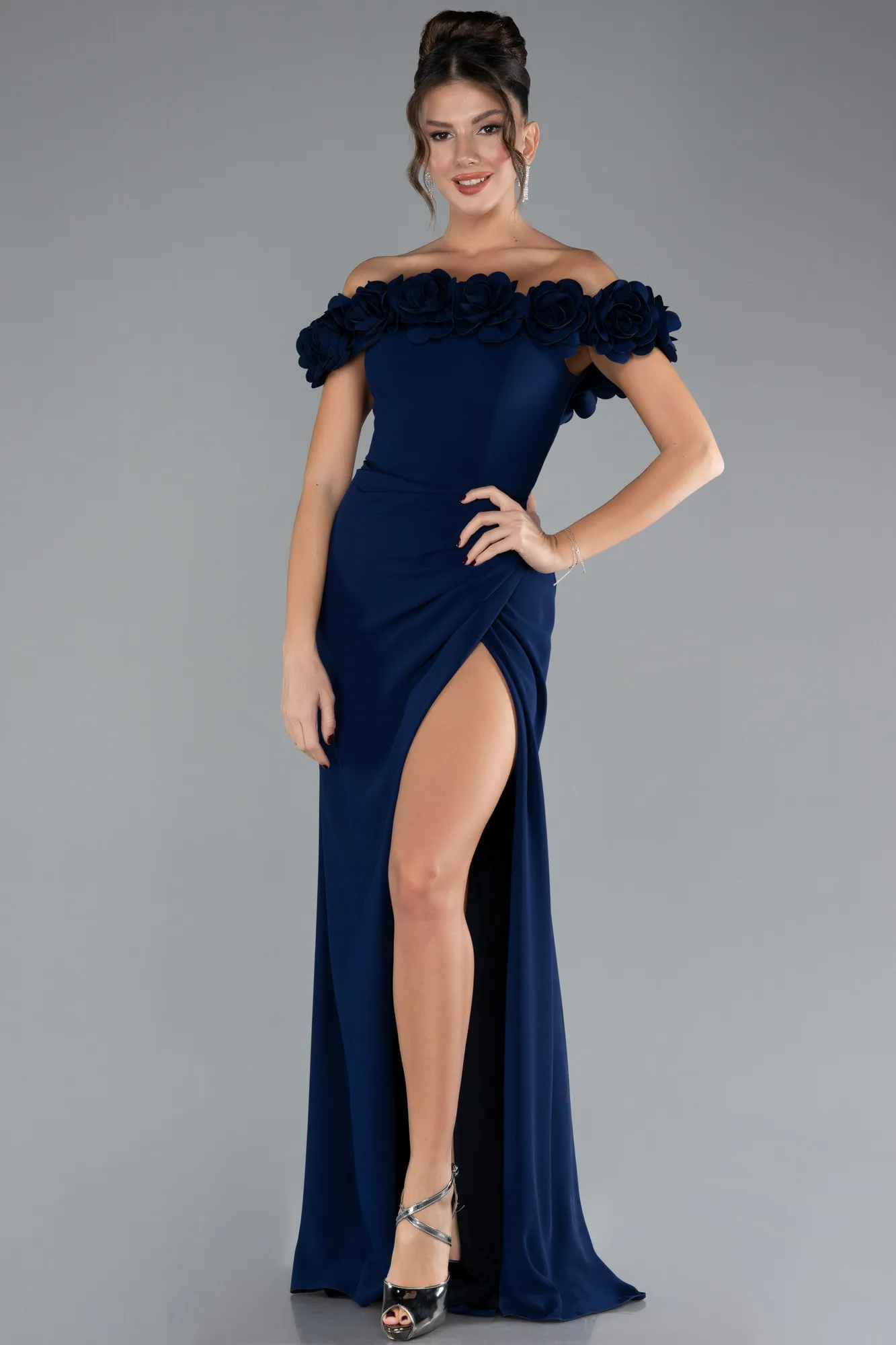 Navy Blue-Floral Boat Neck Slit Long Mermaid Evening Gown ABU4335