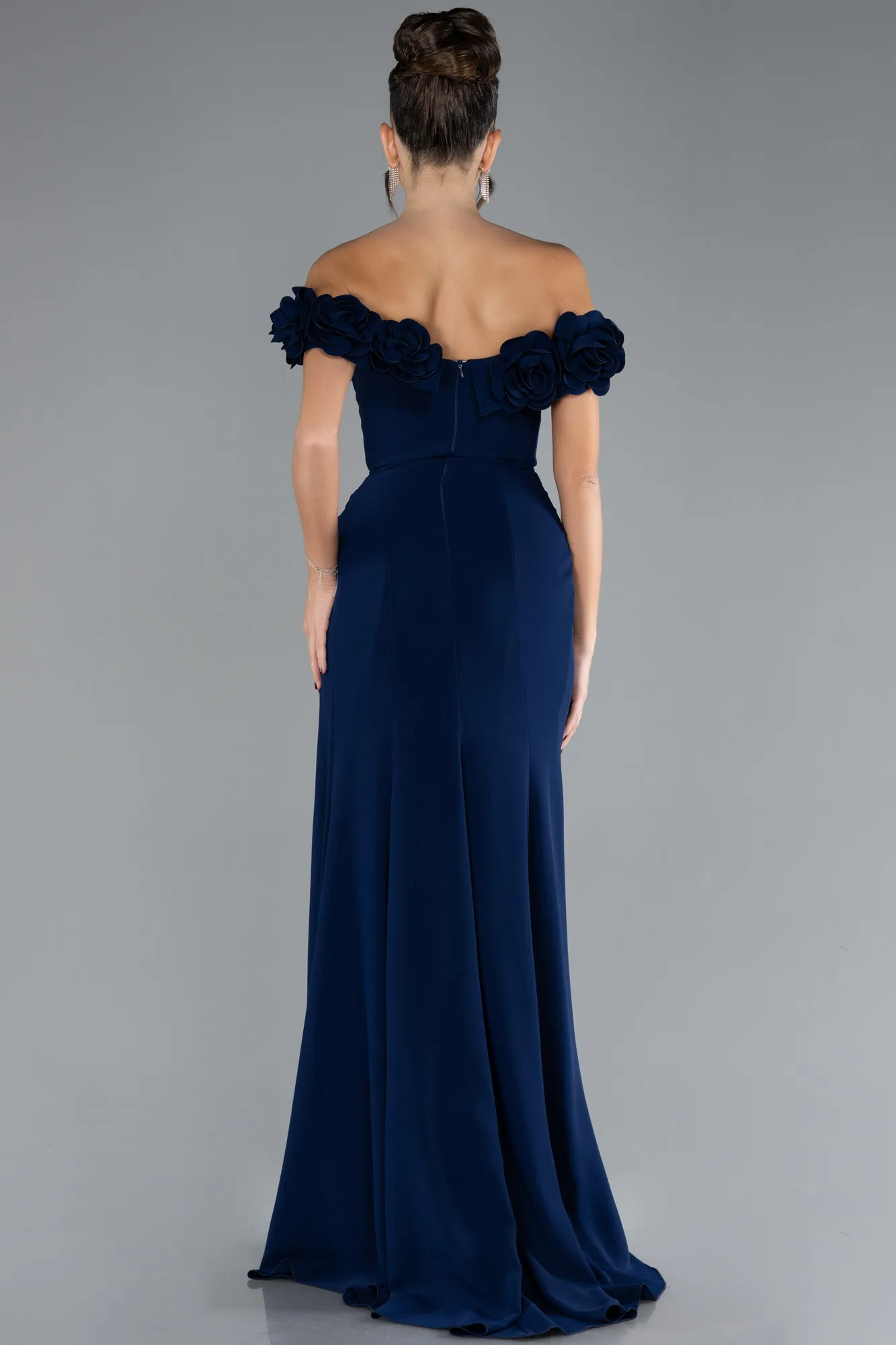 Navy Blue-Floral Boat Neck Slit Long Mermaid Evening Gown ABU4335