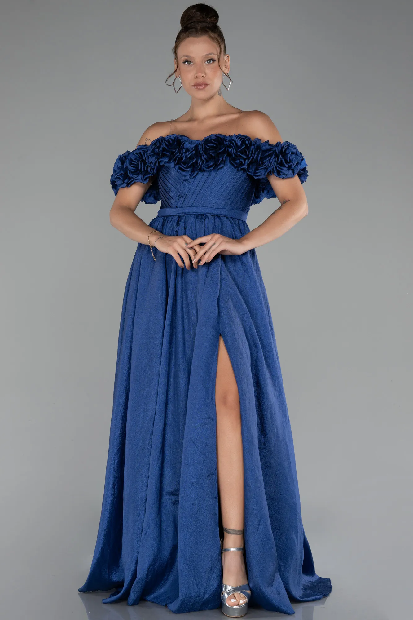 Navy Blue-Floral Boat Neck Slit Long Prom Dress ABU4278