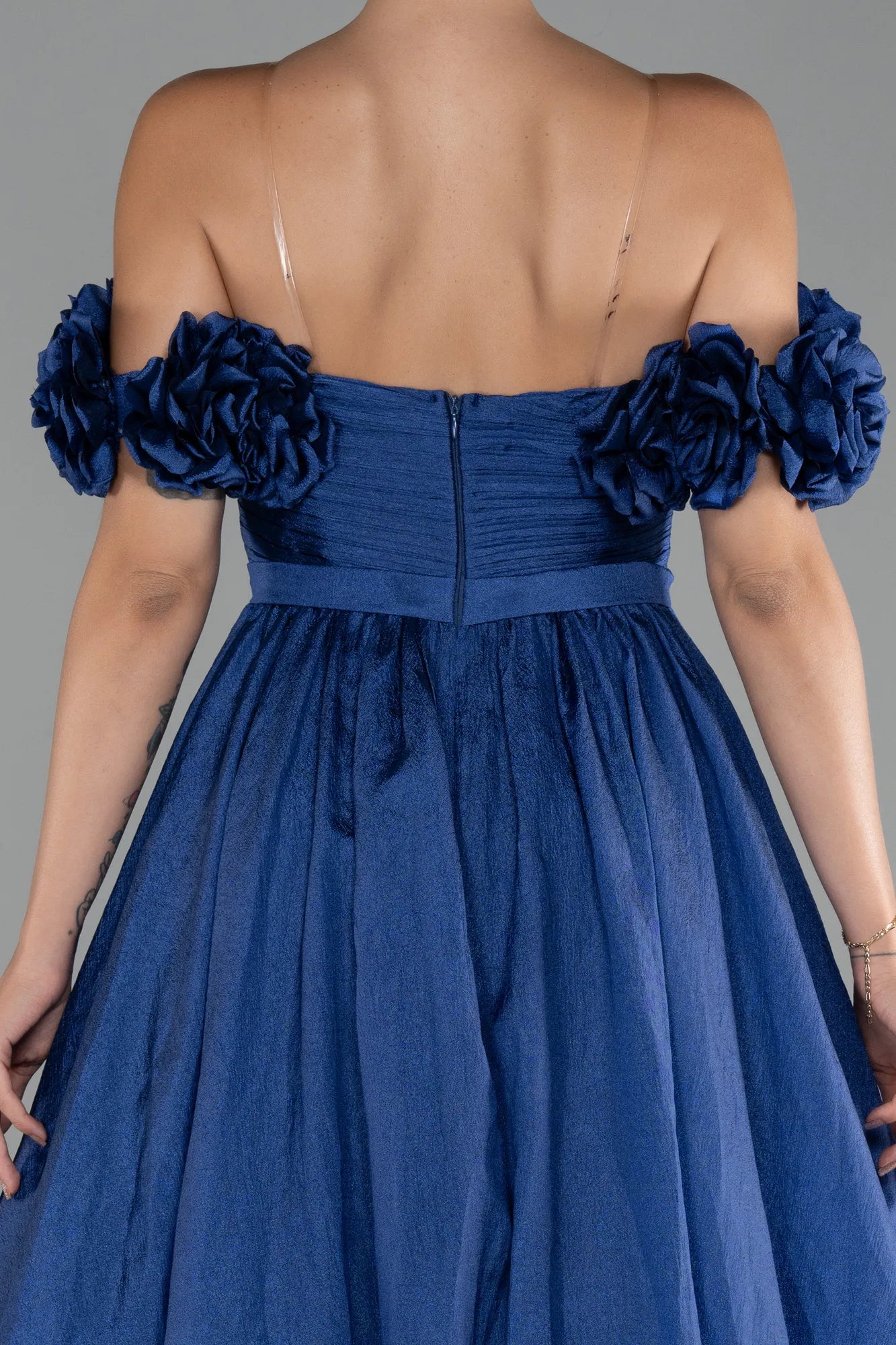 Navy Blue-Floral Boat Neck Slit Long Prom Dress ABU4278