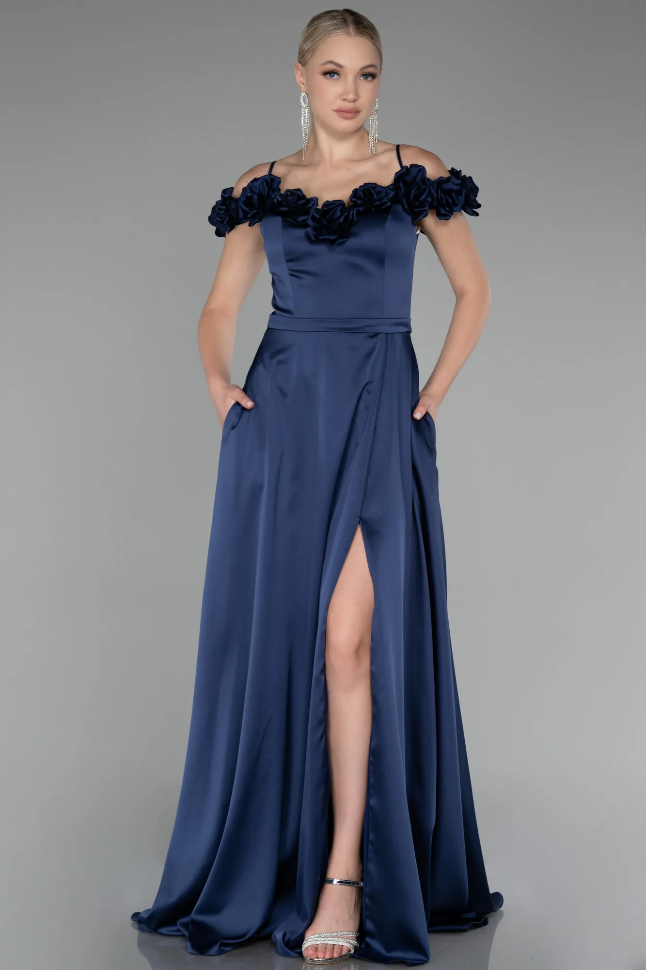 Navy Blue-Floral Boat Neck Slit Long Satin Evening Dress ABU4123