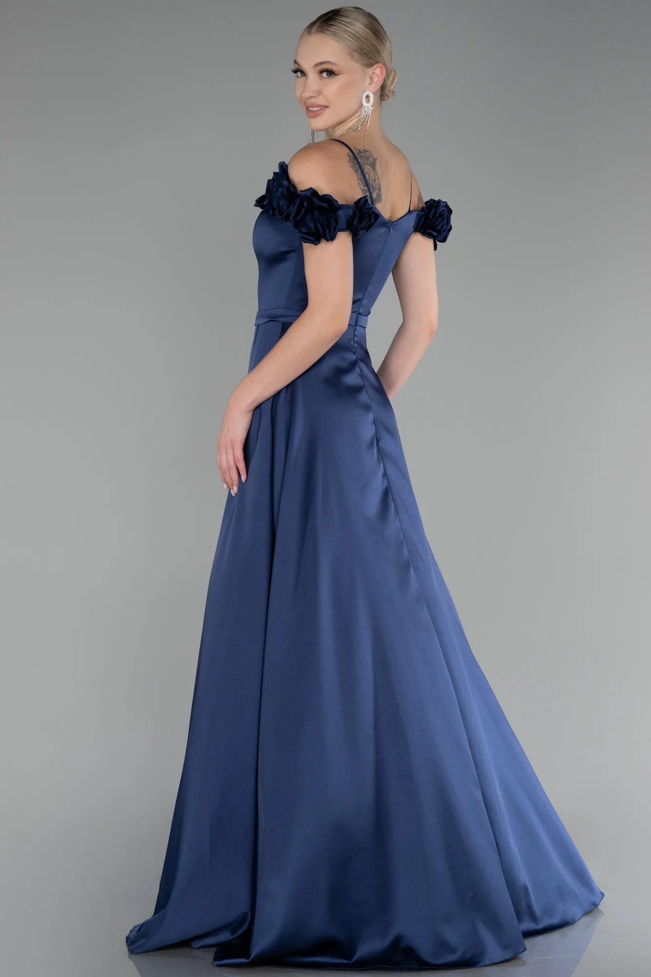 Navy Blue-Floral Boat Neck Slit Long Satin Evening Dress ABU4123