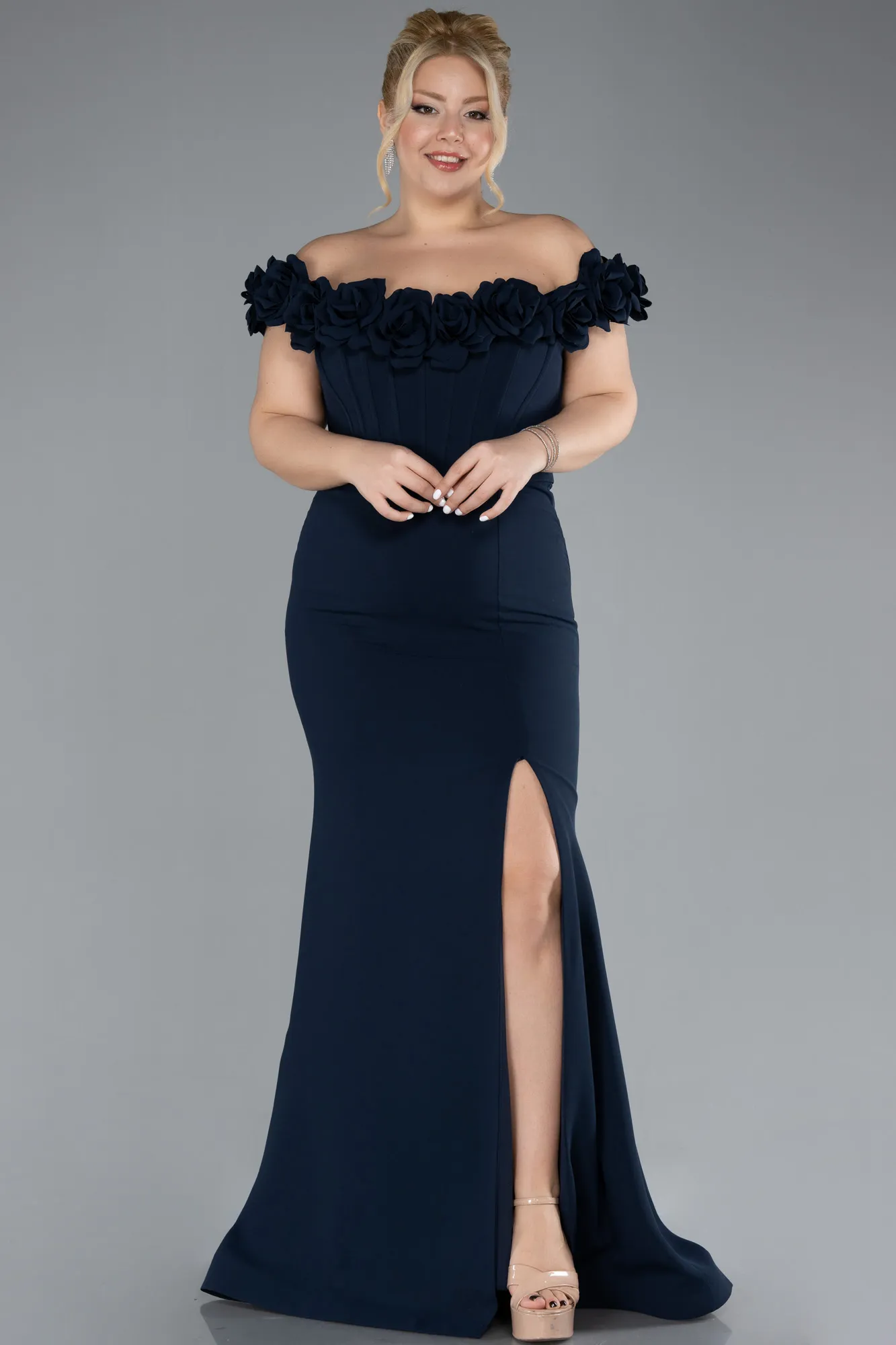 Navy Blue-Floral Collar Slit Long Plus Size Evening Gown ABU4388