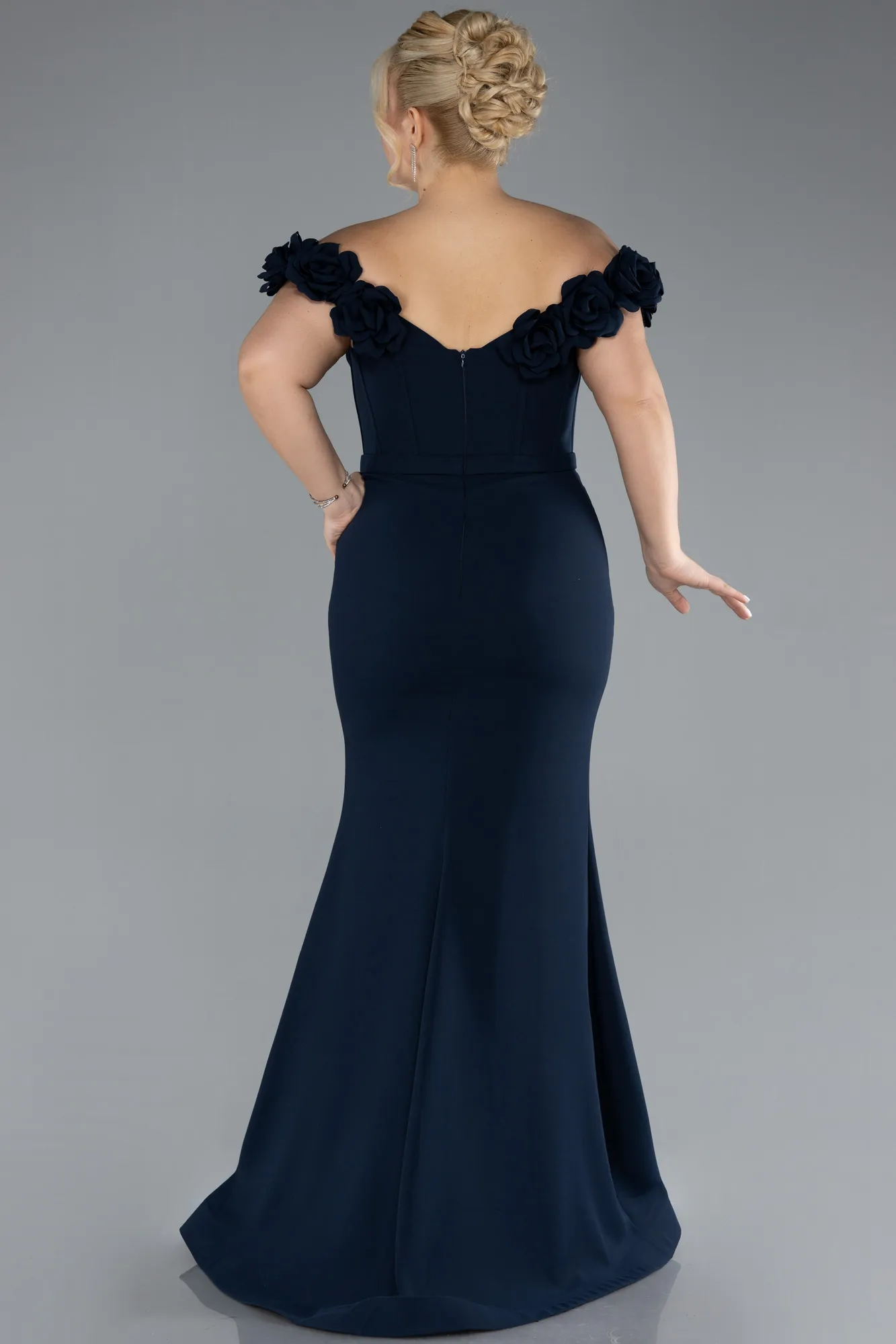 Navy Blue-Floral Collar Slit Long Plus Size Evening Gown ABU4388