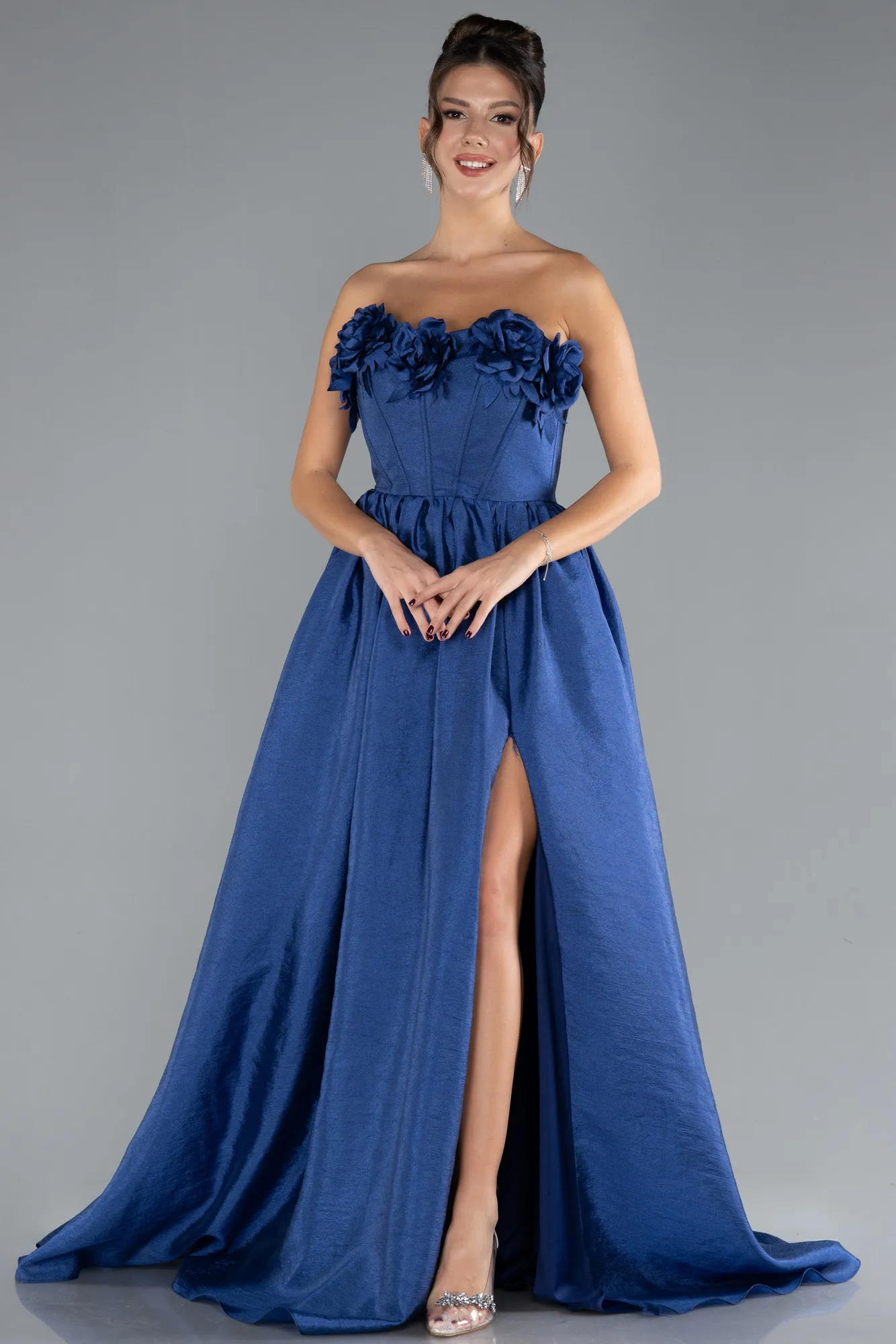 Navy Blue-Floral Strapless Collar Slit Long Prom Gown ABU4337