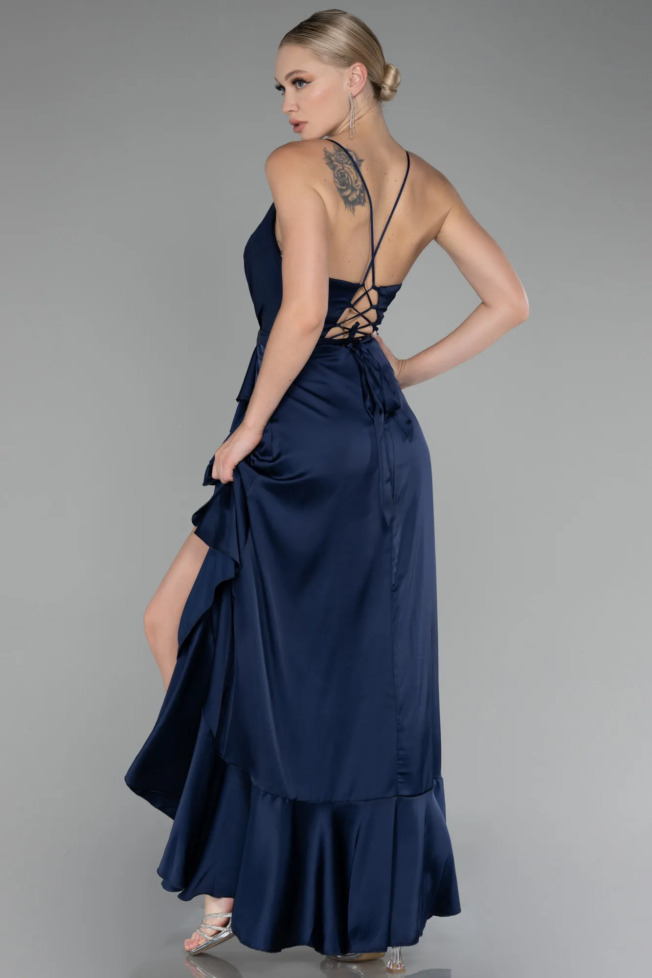 Navy Blue-Front Short Back Long Satin Prom Gown ABO109