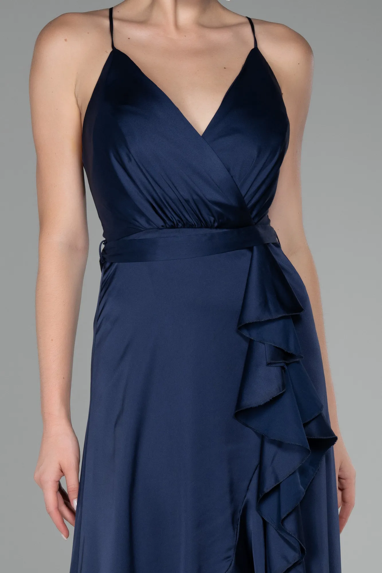 Navy Blue-Front Short Back Long Satin Prom Gown ABO109