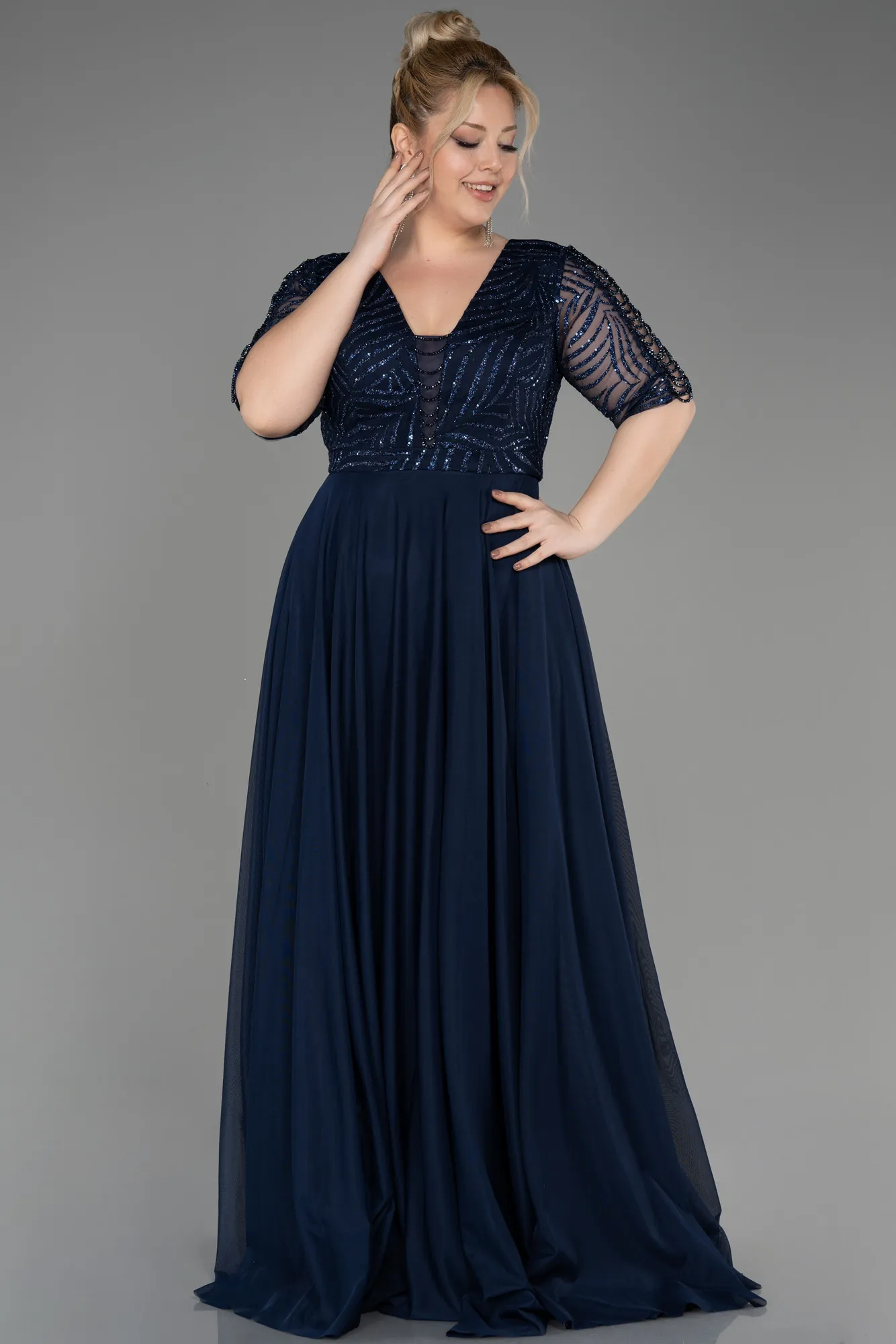 Navy Blue-Glittery Short Sleeve Long Plus Size Evening Dress ABU3844