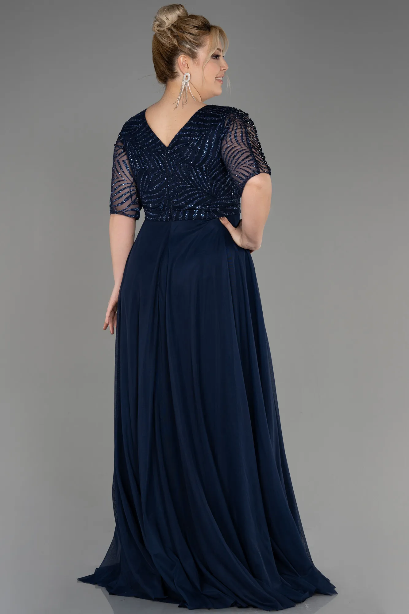 Navy Blue-Glittery Short Sleeve Long Plus Size Evening Dress ABU3844