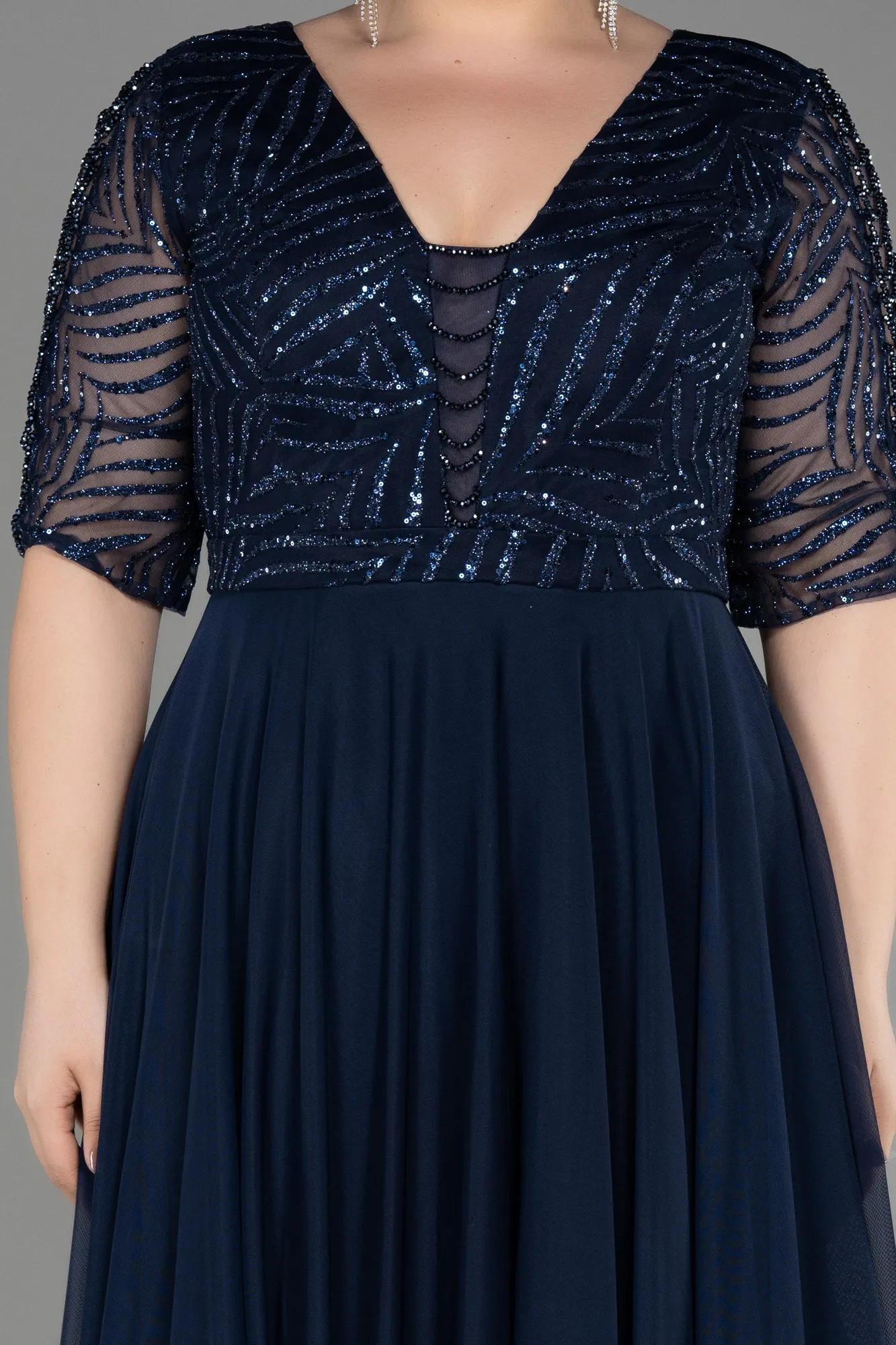 Navy Blue-Glittery Short Sleeve Long Plus Size Evening Dress ABU3844