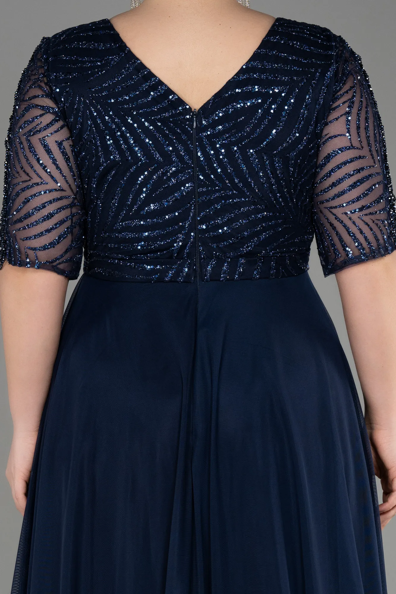 Navy Blue-Glittery Short Sleeve Long Plus Size Evening Dress ABU3844