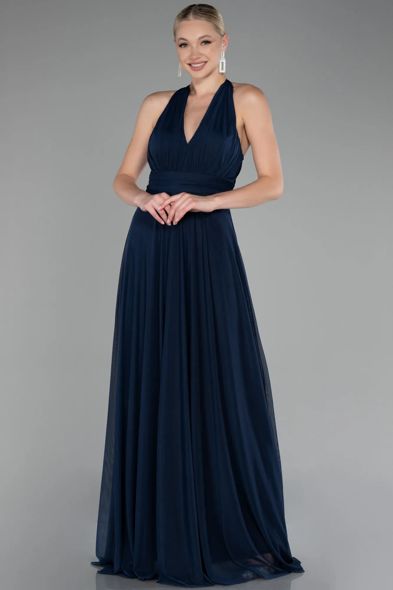 Navy Blue-Halter Neck Long Chiffon Evening Dress ABU4188