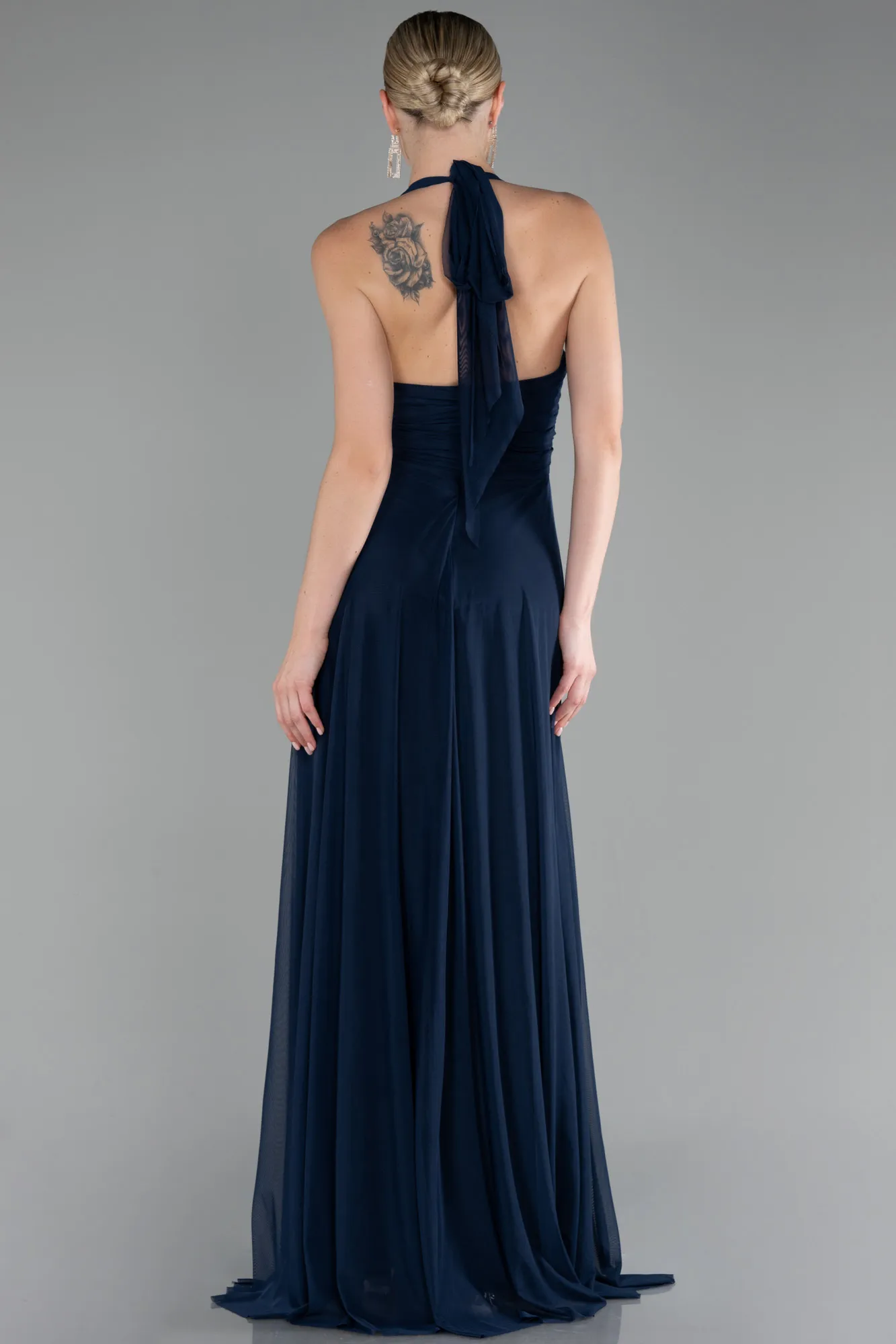 Navy Blue-Halter Neck Long Chiffon Evening Dress ABU4188