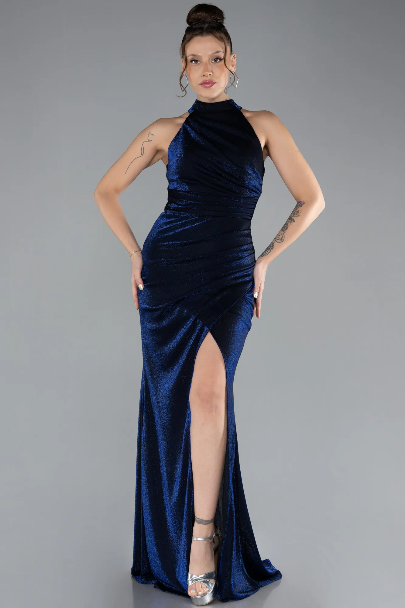 Navy Blue-Halter Neck Slit Long Glitter Prom Gown ABU4383