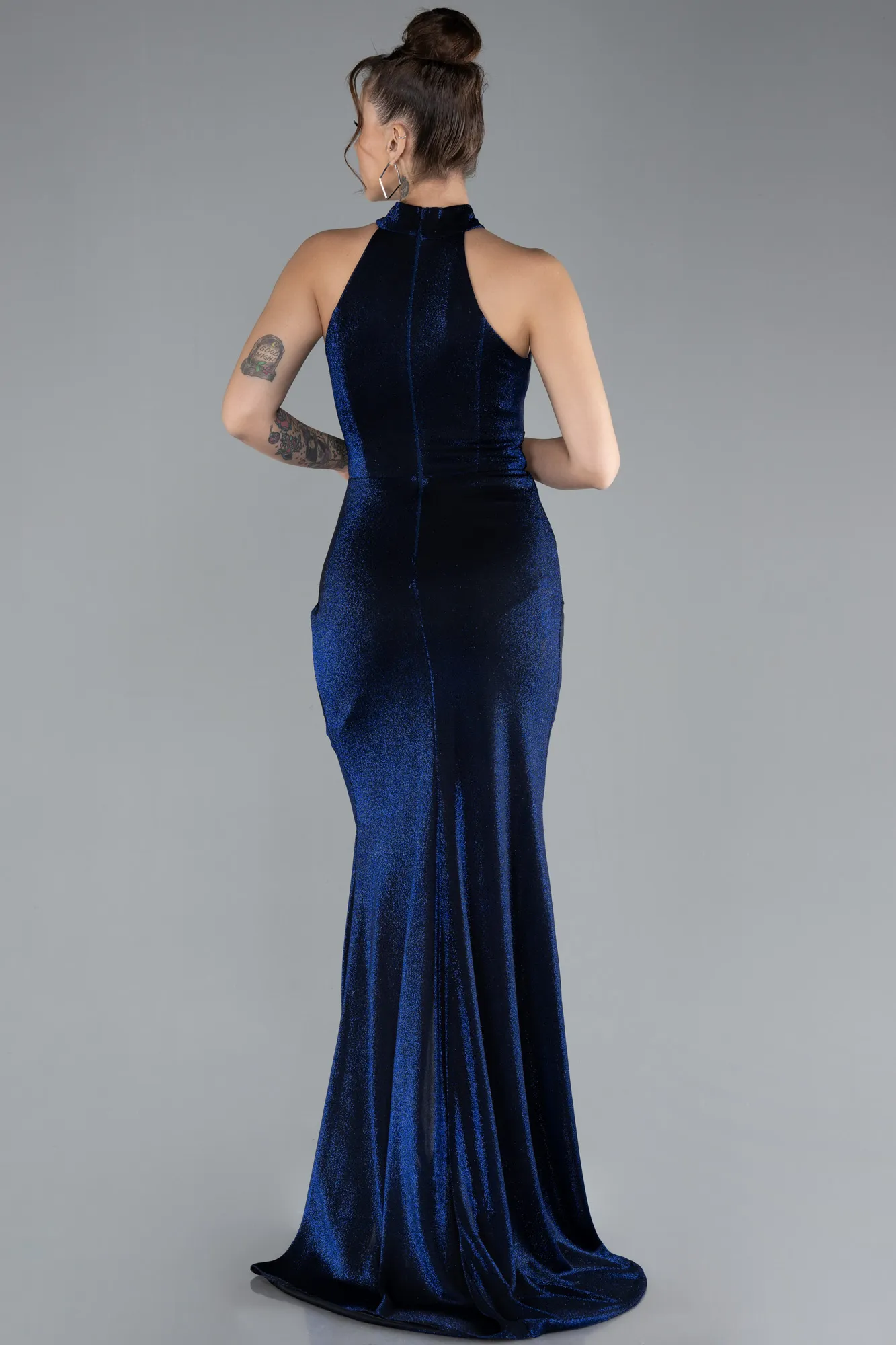 Navy Blue-Halter Neck Slit Long Glitter Prom Gown ABU4383