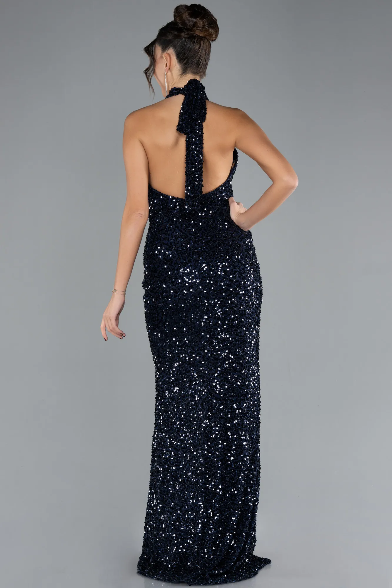 Navy Blue-Halter Neck Slit Long Scaly Evening Gown ABU4306