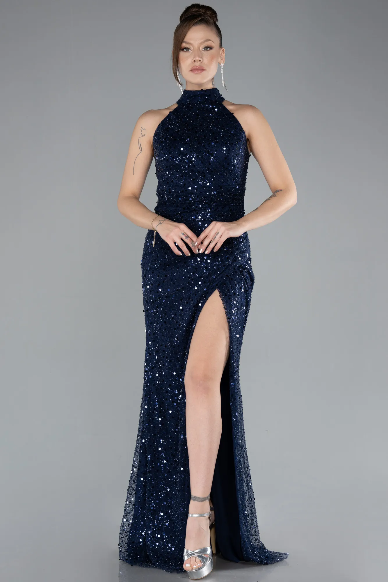 Navy Blue-Halter Neck Slit Long Scaly Evening Gown ABU4376