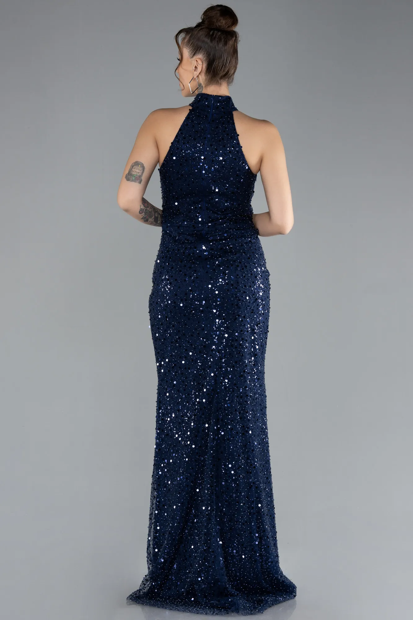 Navy Blue-Halter Neck Slit Long Scaly Evening Gown ABU4376