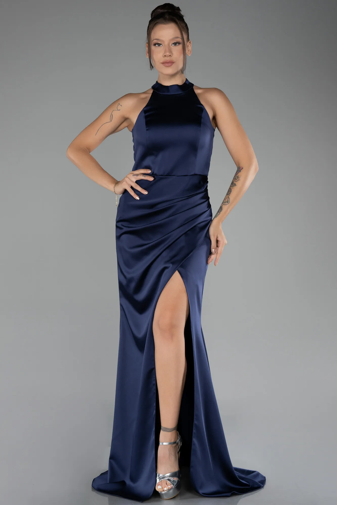 Navy Blue-Halter Neckline Slit Long Satin Evening Dress ABU4094