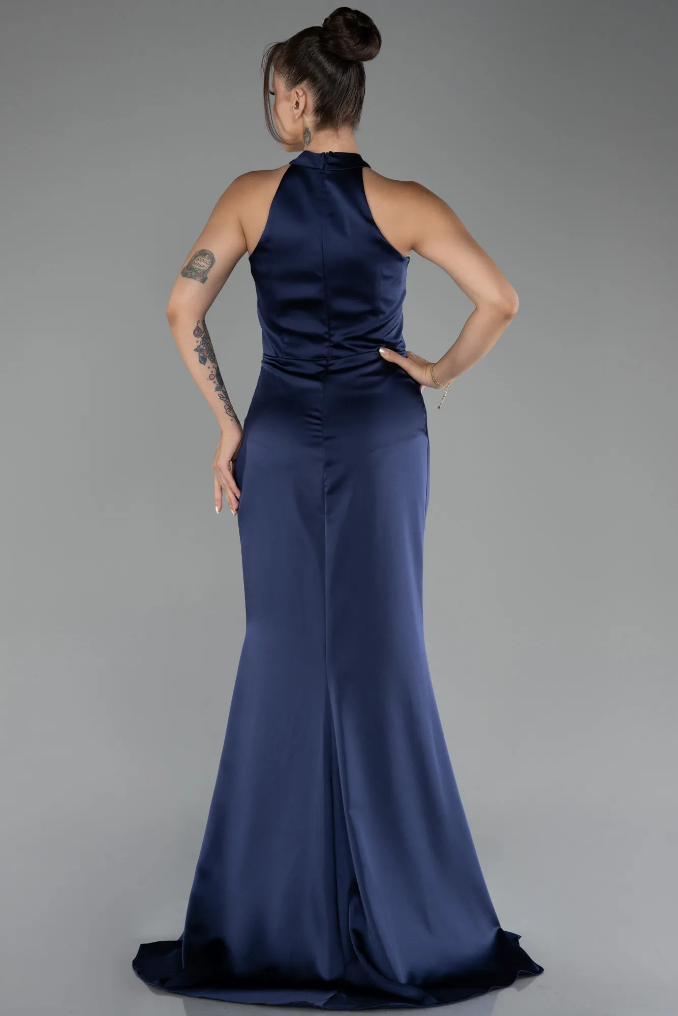 Navy Blue-Halter Neckline Slit Long Satin Evening Dress ABU4094