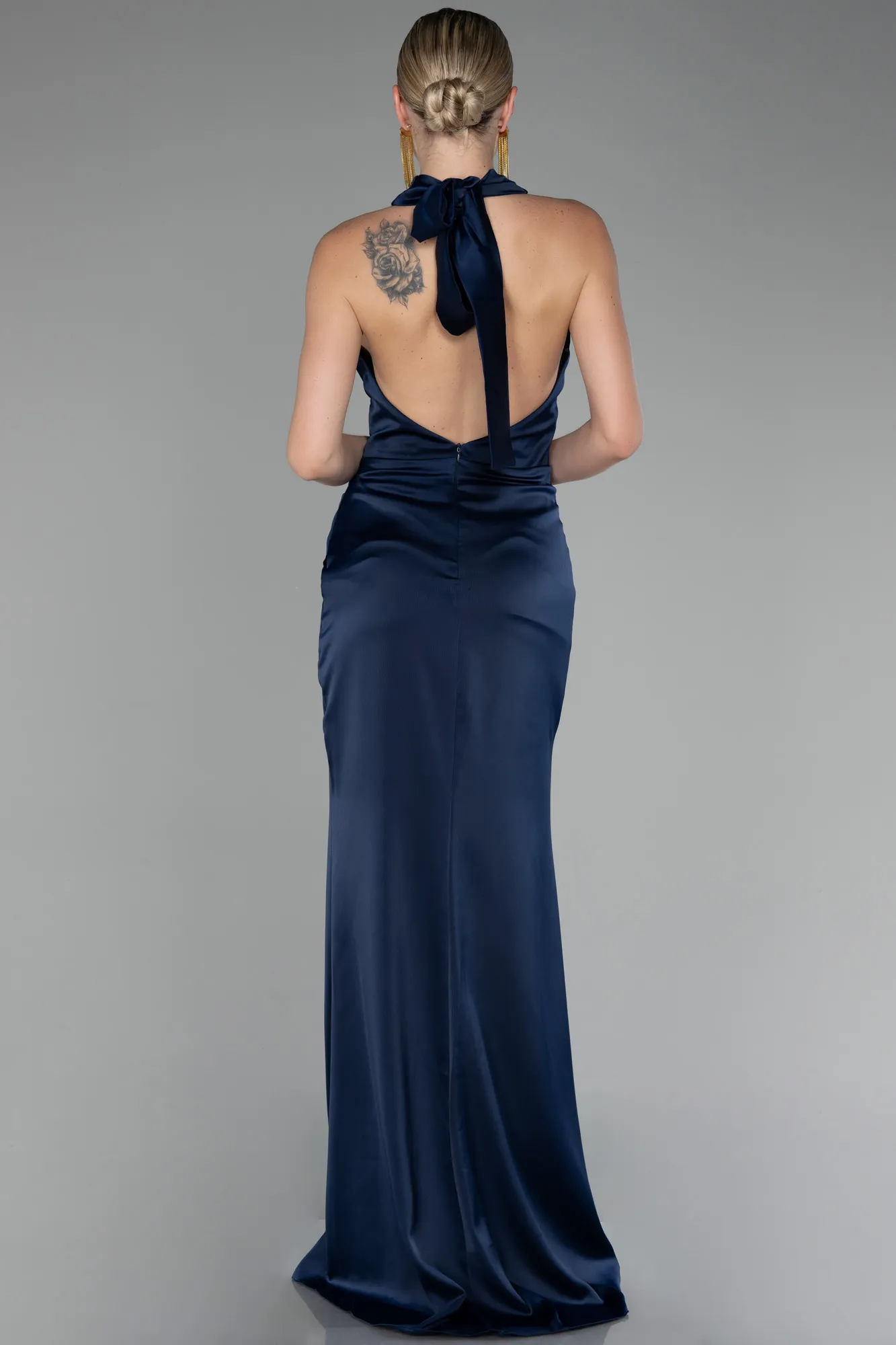 Navy Blue-Halter Neckline Slit Satin Evening Dress ABU4109