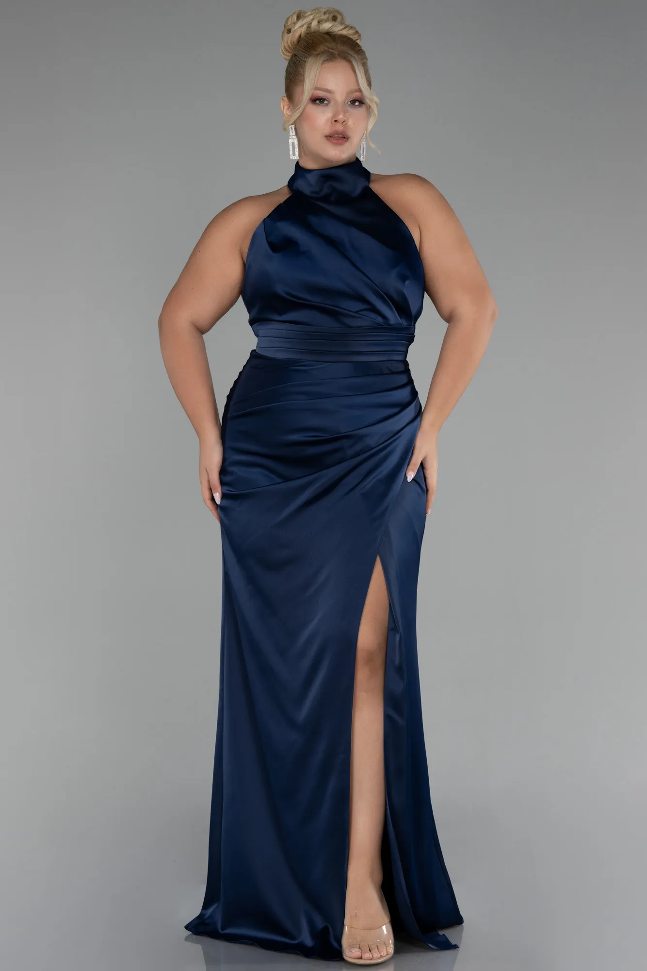 Navy Blue-Halter Neckline Slit Satin Plus Size Evening Dress ABU4110