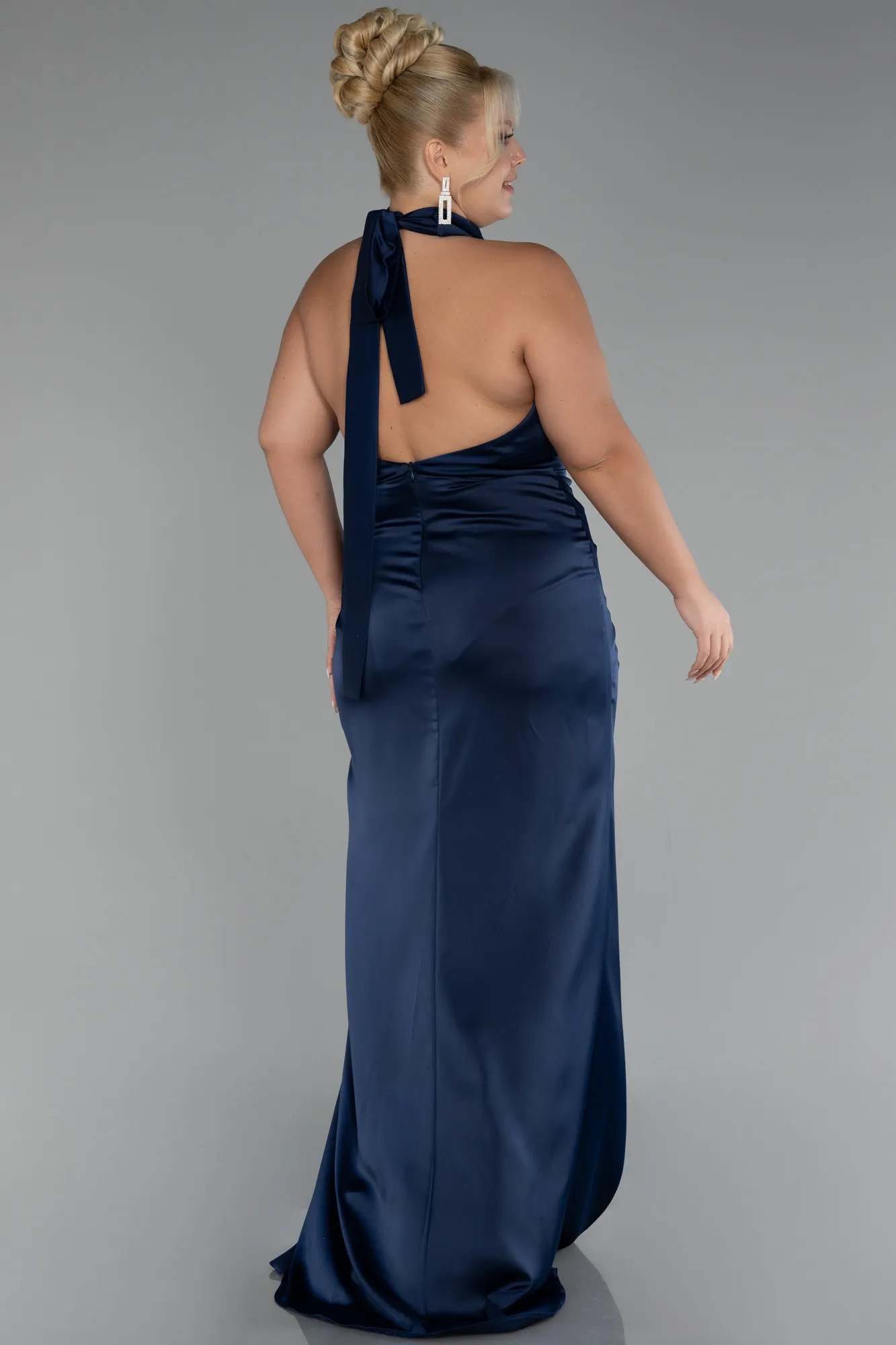 Navy Blue-Halter Neckline Slit Satin Plus Size Evening Dress ABU4110