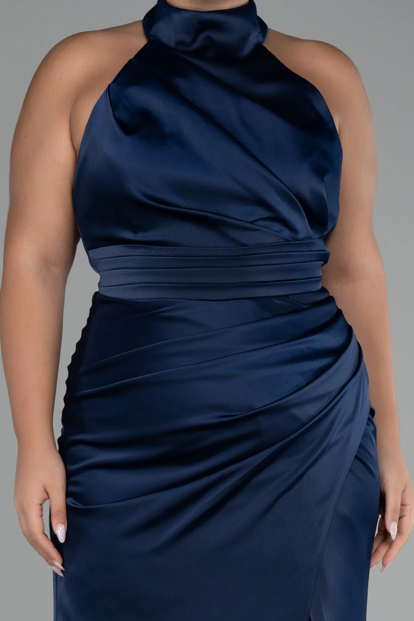 Navy Blue-Halter Neckline Slit Satin Plus Size Evening Dress ABU4110