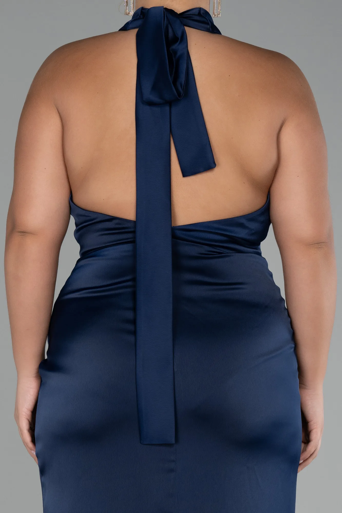 Navy Blue-Halter Neckline Slit Satin Plus Size Evening Dress ABU4110