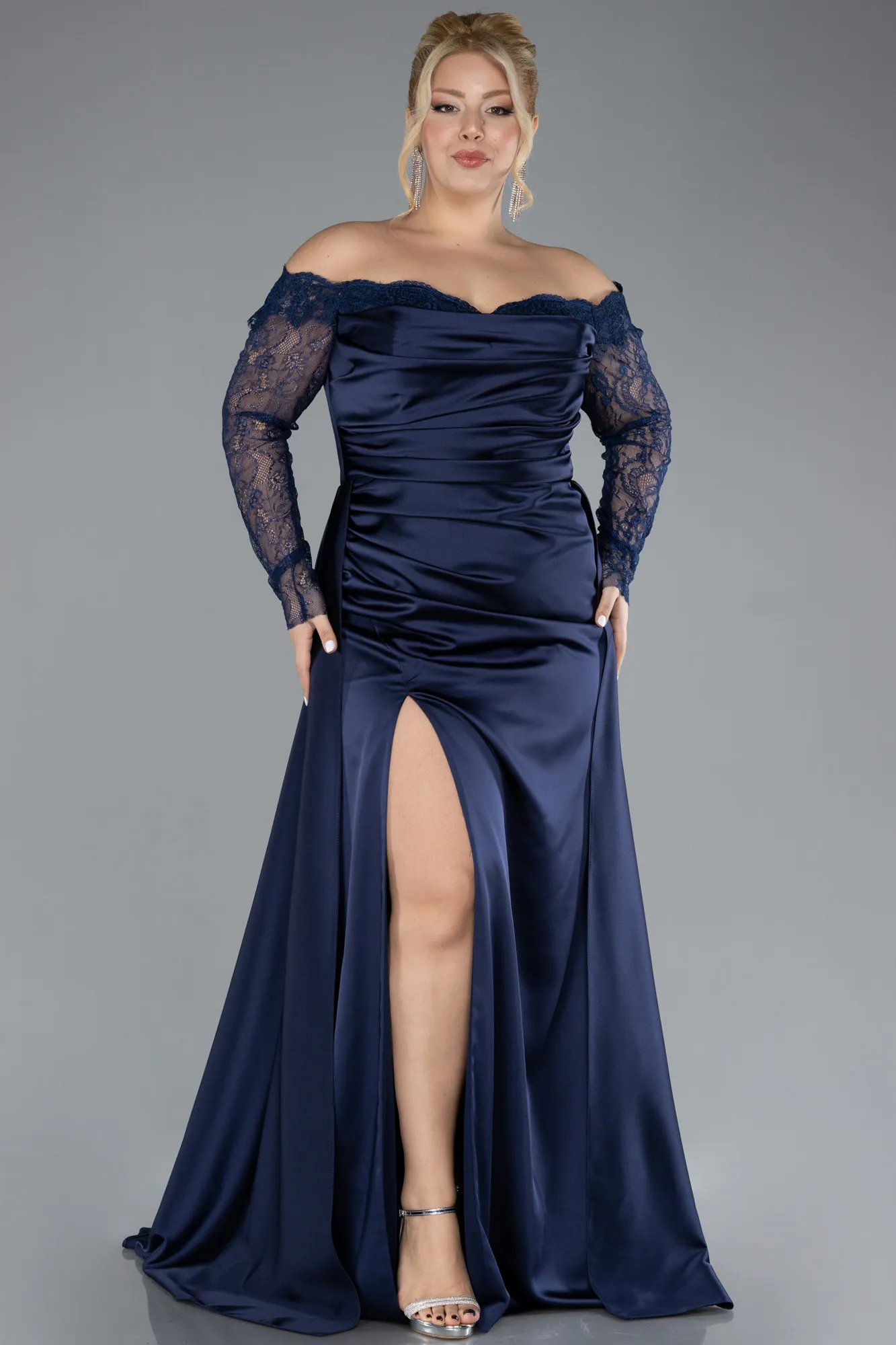 Navy Blue-Laced Long Sleeve Slit Satin Plus Size Evening Dress ABU4348