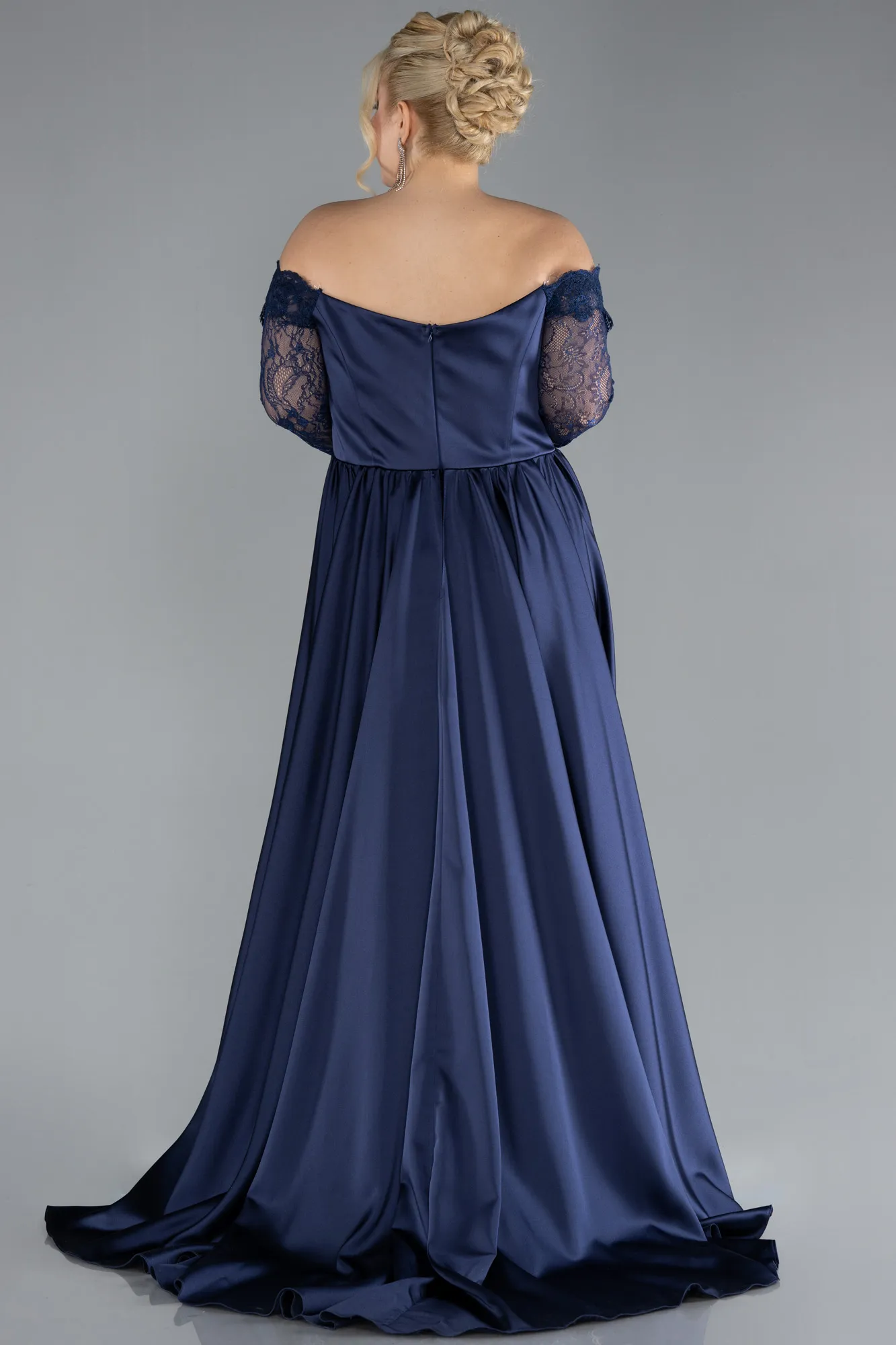 Navy Blue-Laced Long Sleeve Slit Satin Plus Size Evening Dress ABU4348