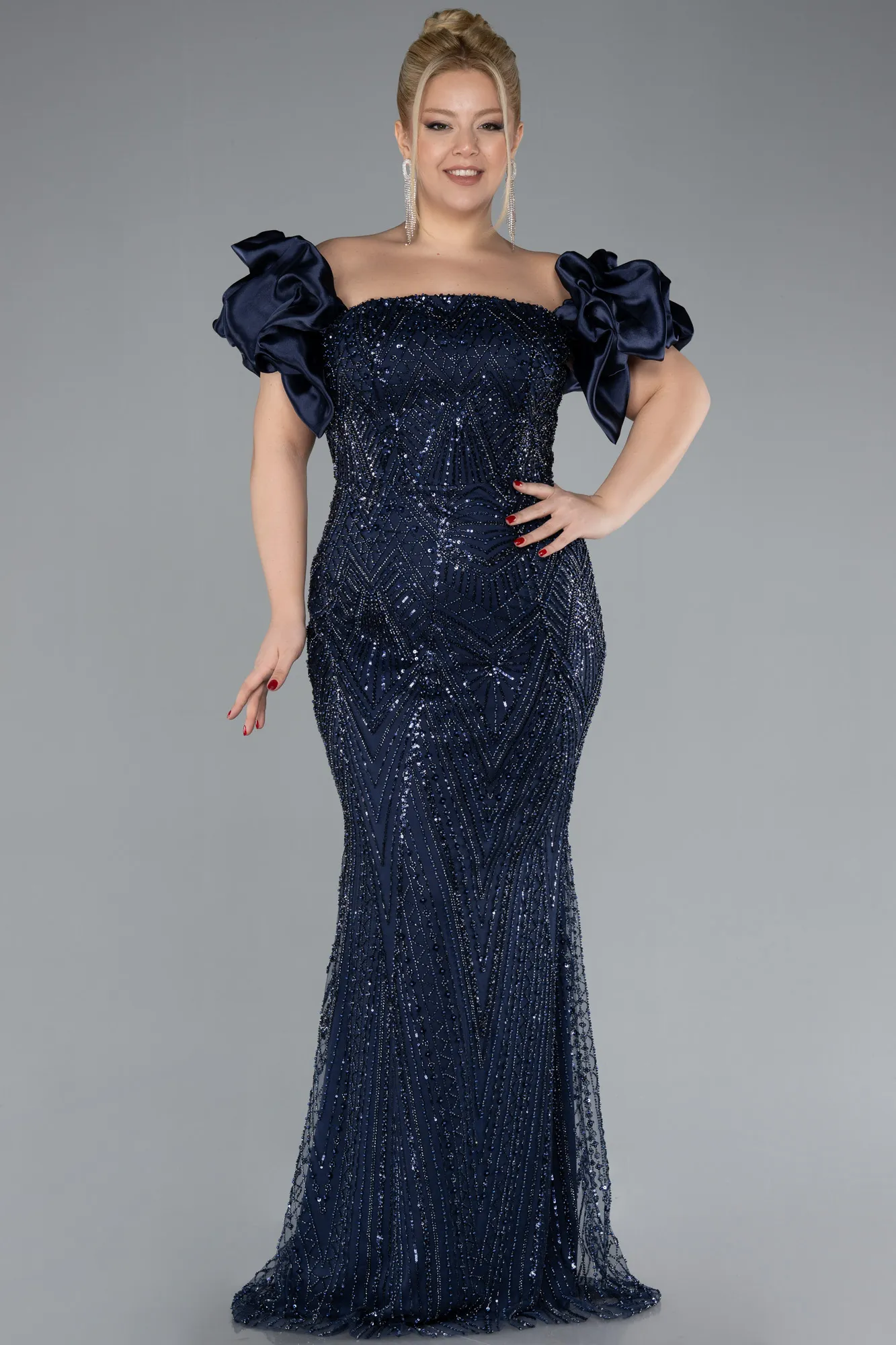 Navy Blue-Long Beaded Plus Size Engagement Dress ABU4413