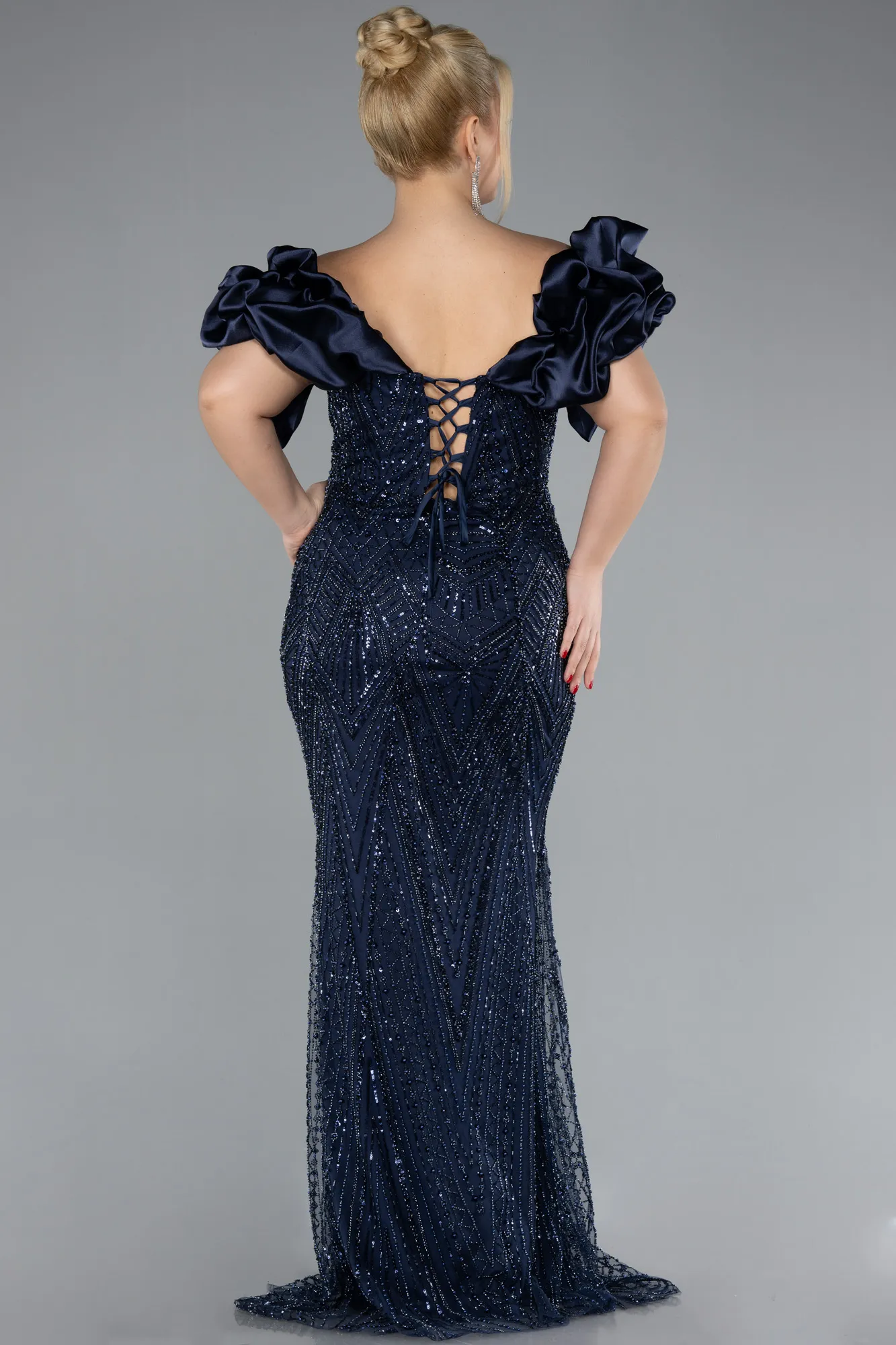 Navy Blue-Long Beaded Plus Size Engagement Dress ABU4413