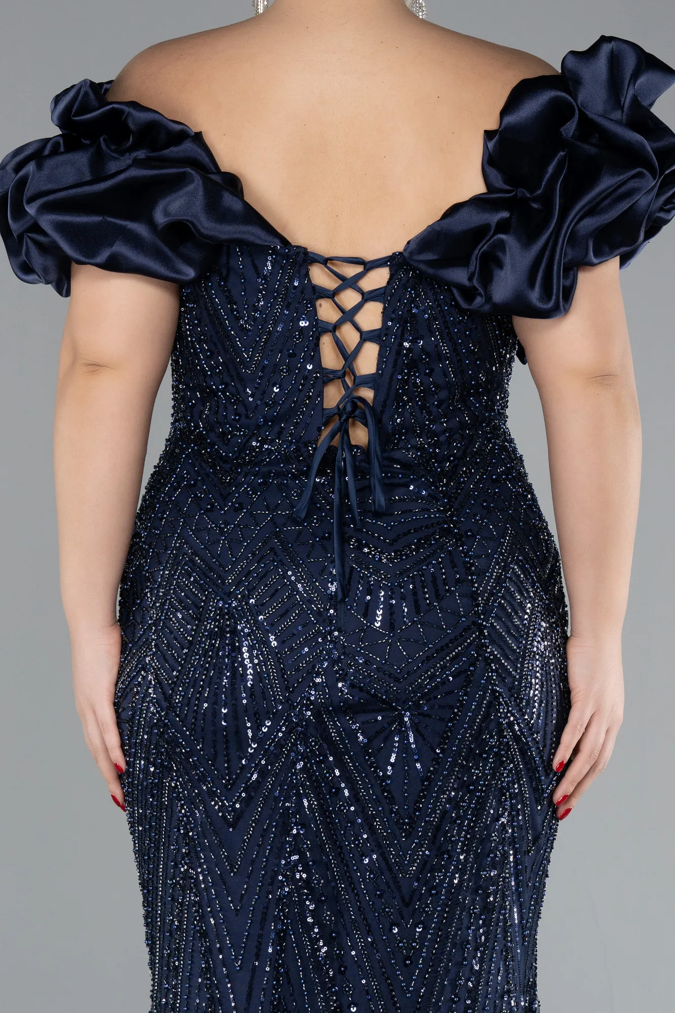 Navy Blue-Long Beaded Plus Size Engagement Dress ABU4413