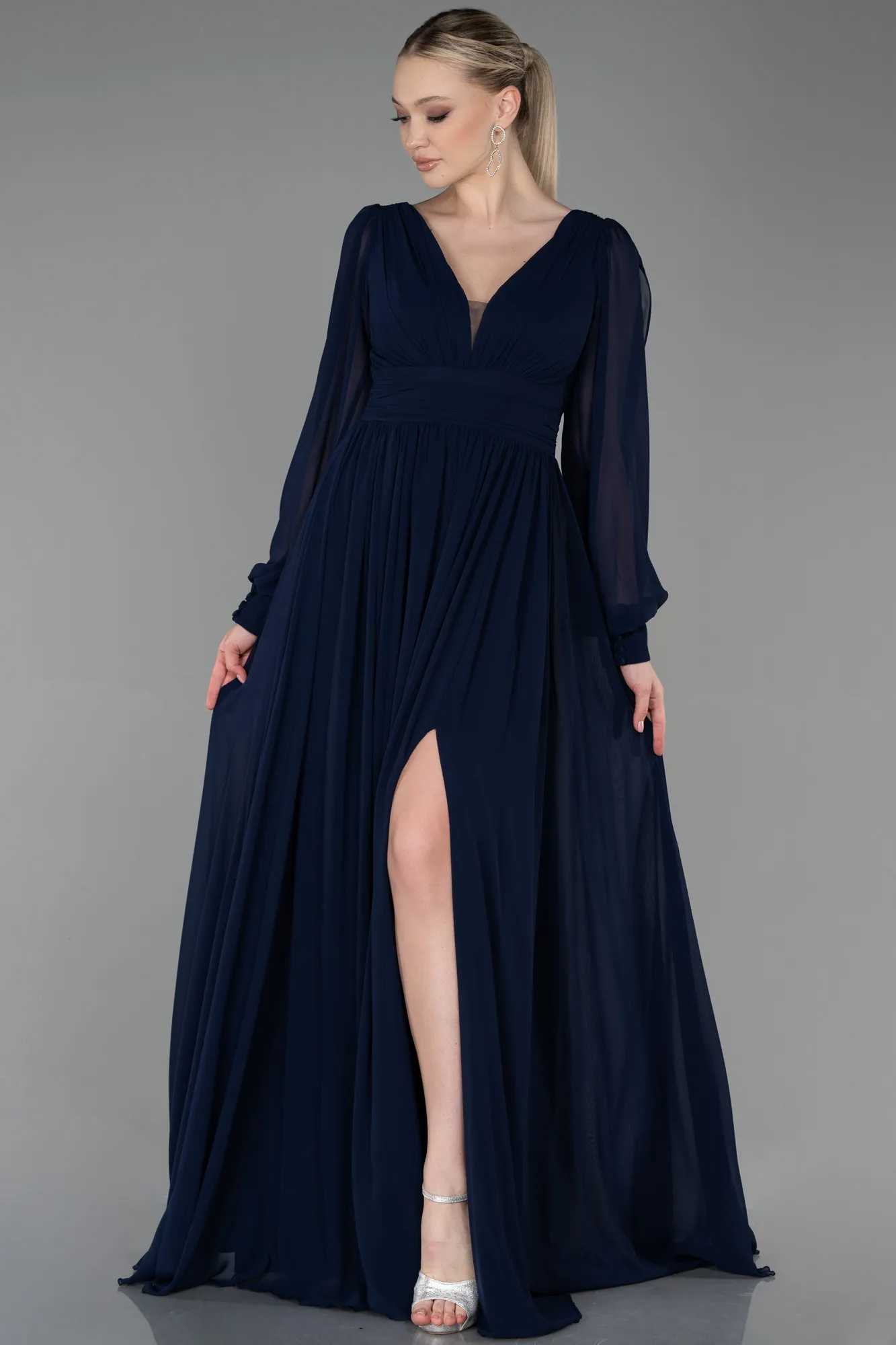 Navy Blue-Long Chiffon Evening Dress ABU1702