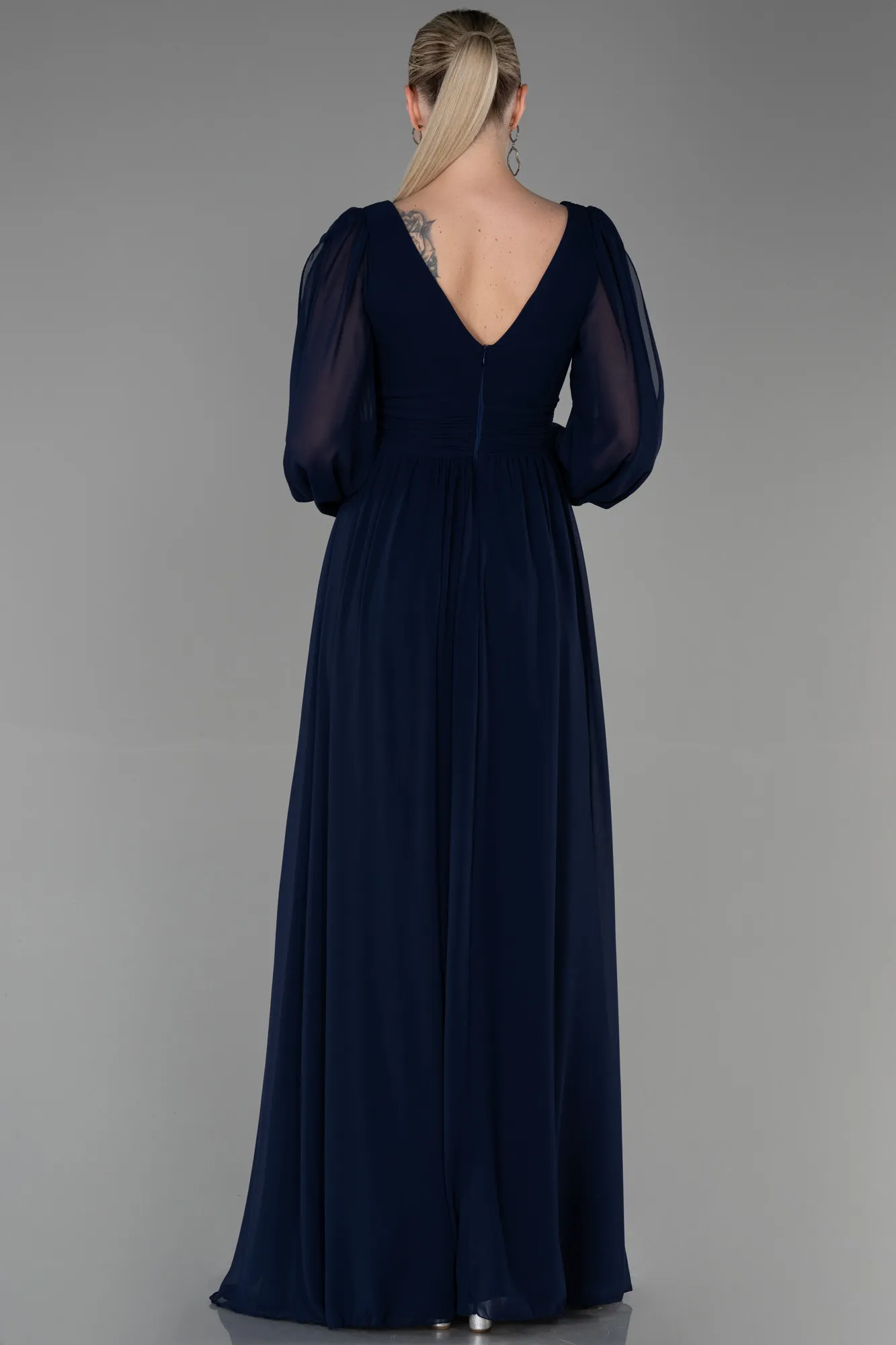 Navy Blue-Long Chiffon Evening Dress ABU1702