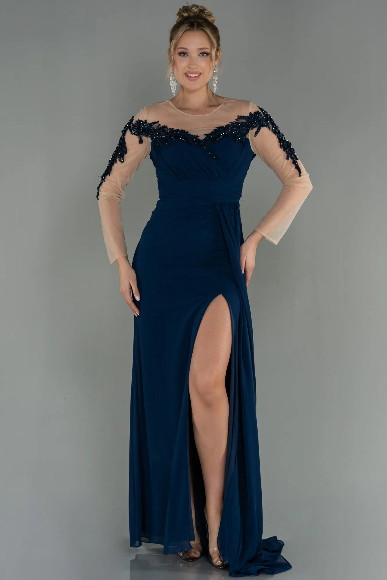 Navy Blue-Long Chiffon Evening Dress ABU3012