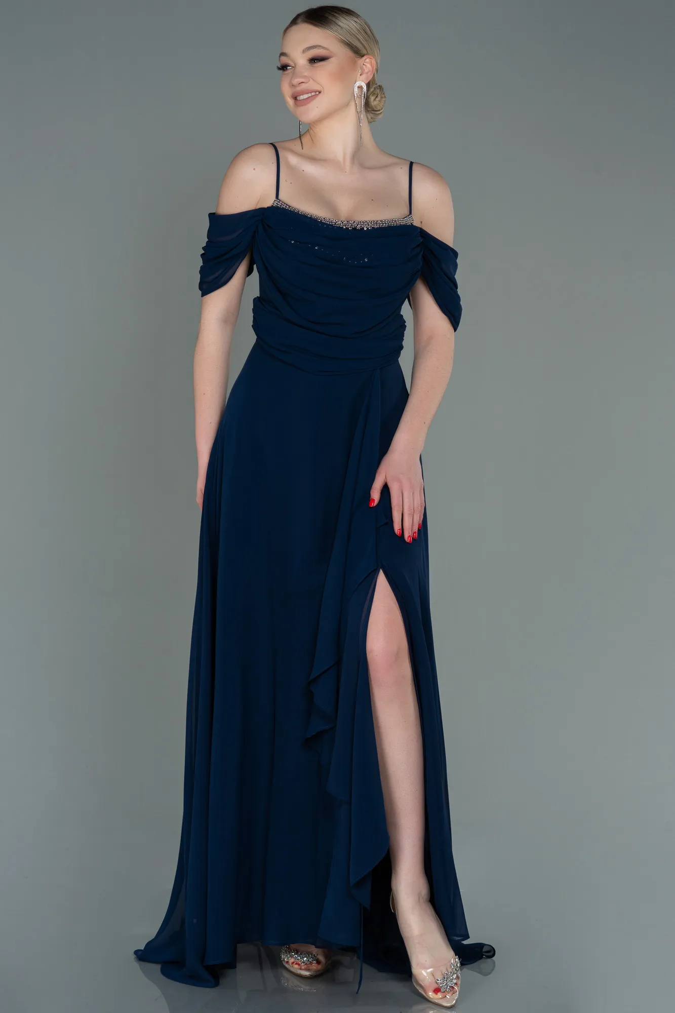 Navy Blue-Long Chiffon Evening Dress ABU3093